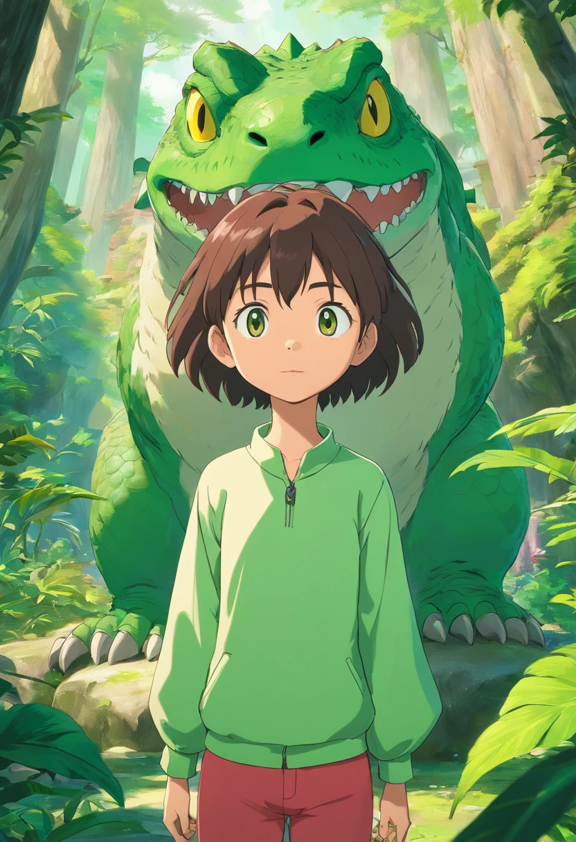 vista frontal do garoto animado usando roupa explorador com seu dinossauro verde, olhos castanhos e cabelo loiro, corpo inteiro, maxim, 4k, foco nítido, pele macia e suave, symmetrical and detailed face, Octane, 3D-rendering,