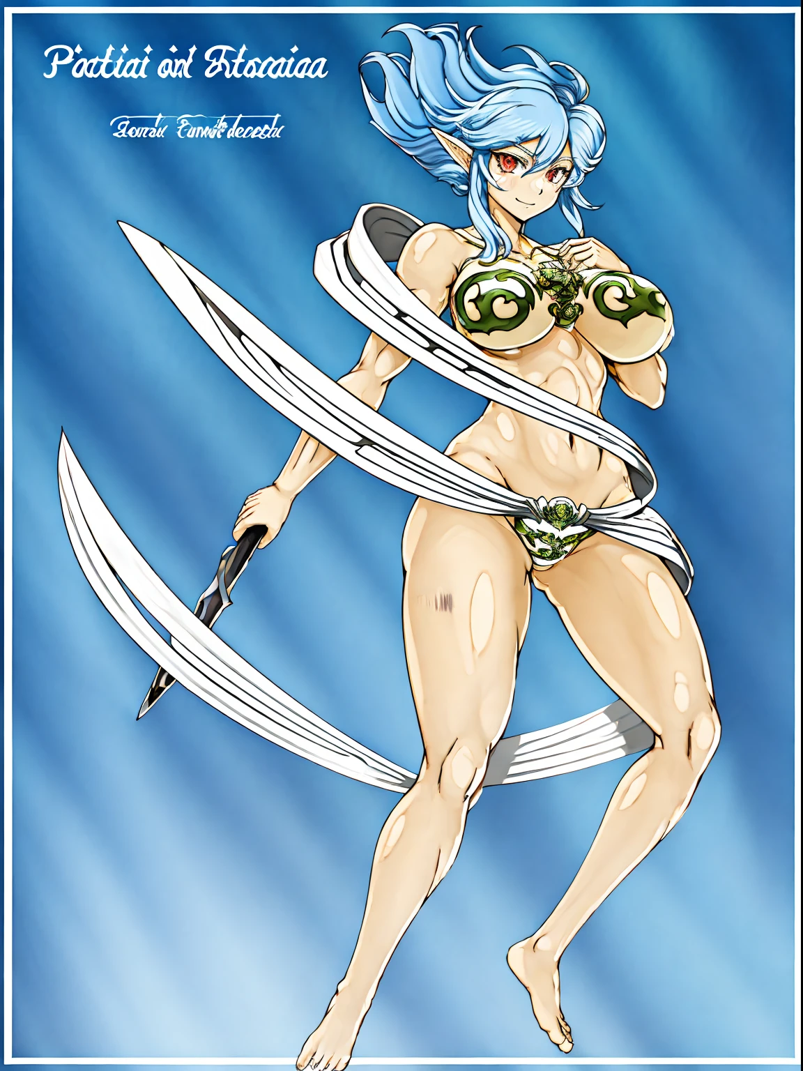 arafed image of a female character with a sword and a cape, skinny female fantasy alchemist, fey, complex fantasy character, cory chase as an atlantean, silvery skinned male elf, sexy pudica pose gesture, lady palutena, sfw version, pixiv contest winner, fantasy character, blue-skinned elf, fus rei, palutena, smile, red eyes, full body, blue hair, thick eyelashes, tomboy
