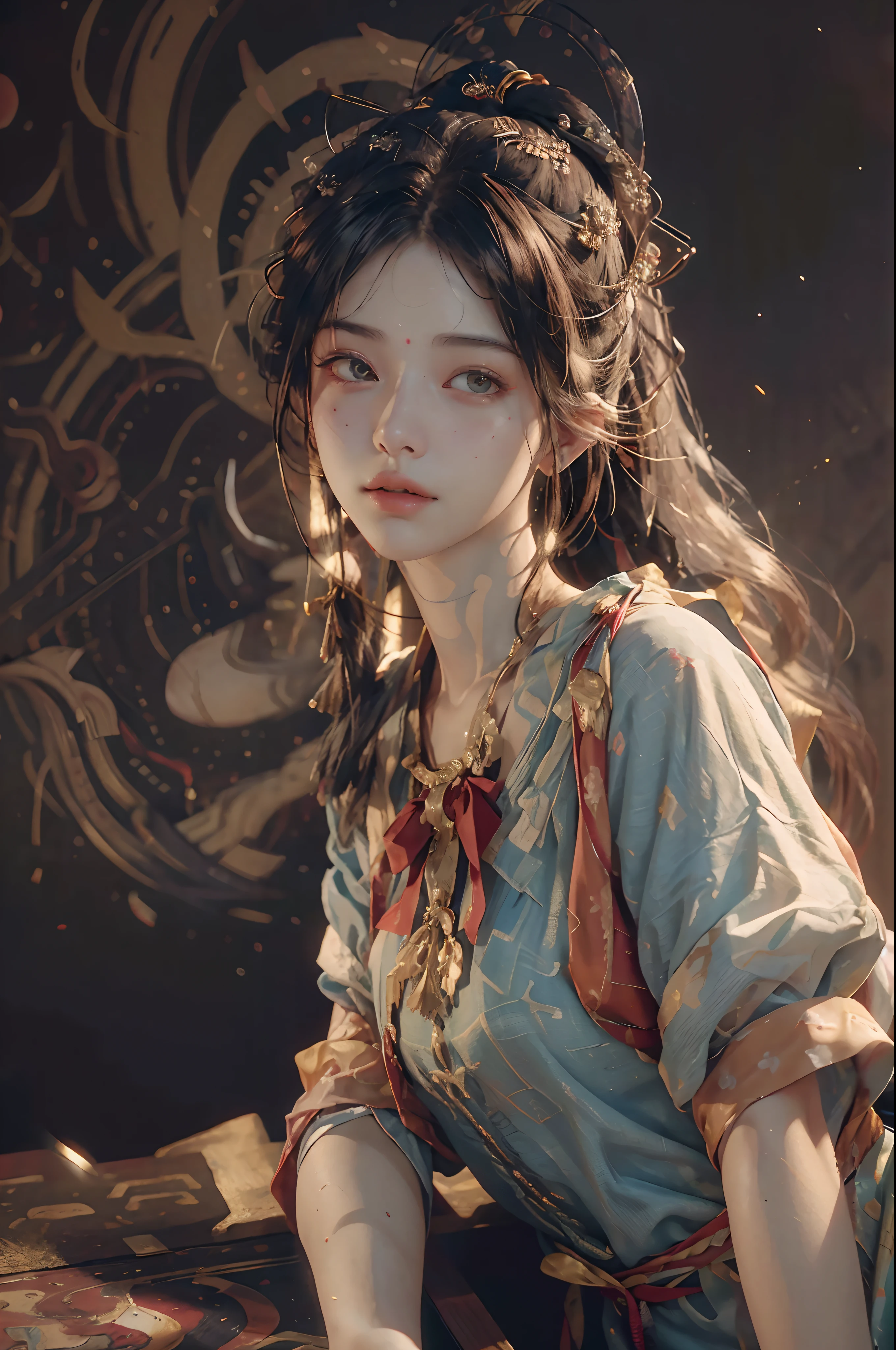 (RAW photo, best quality), (realistic, photo-realistic:1.3),best quality,highly detailed,masterpiece,ultra-detailed,illustration,1girl,upper_body,dynamic angle,world masterpiece theater,messy_long_hair,best quality,extremely detailed CG unity 8k wallpaper,ink,Amazing,cinematic lighting,lens_flare, dunhuang_style