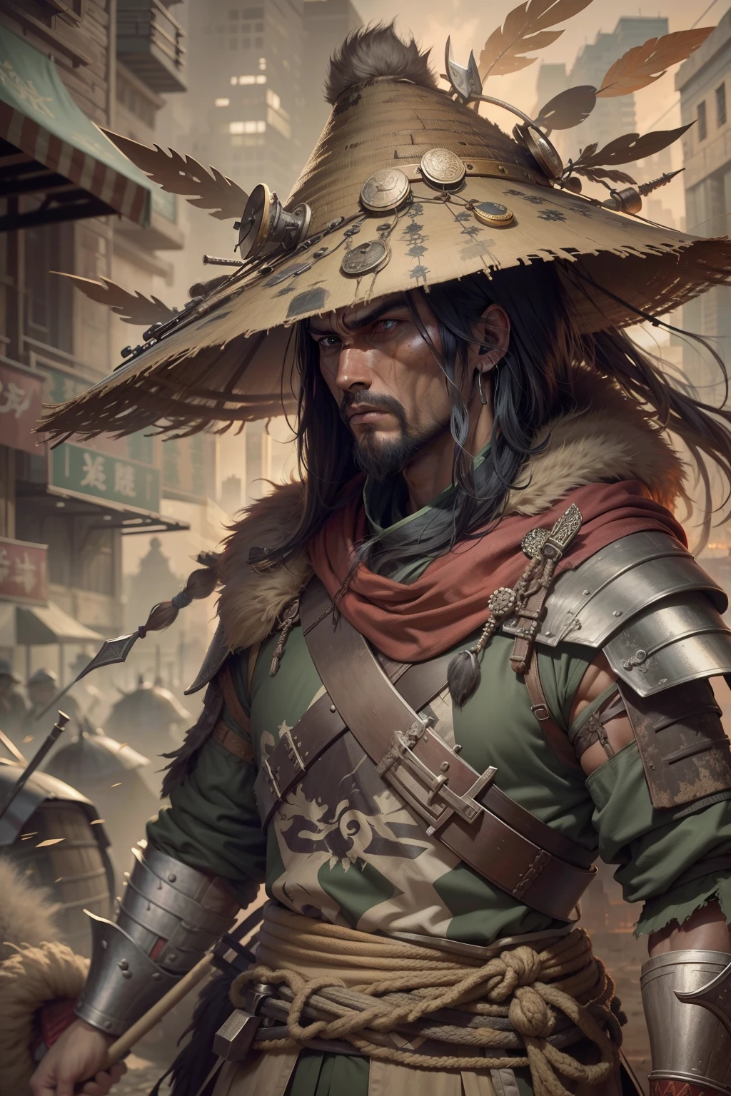 The ancient warrior covered in arrows had a fierce gaze，Song dynasty，bucket-hat，Sateen，In a post-apocalyptic cityscape.