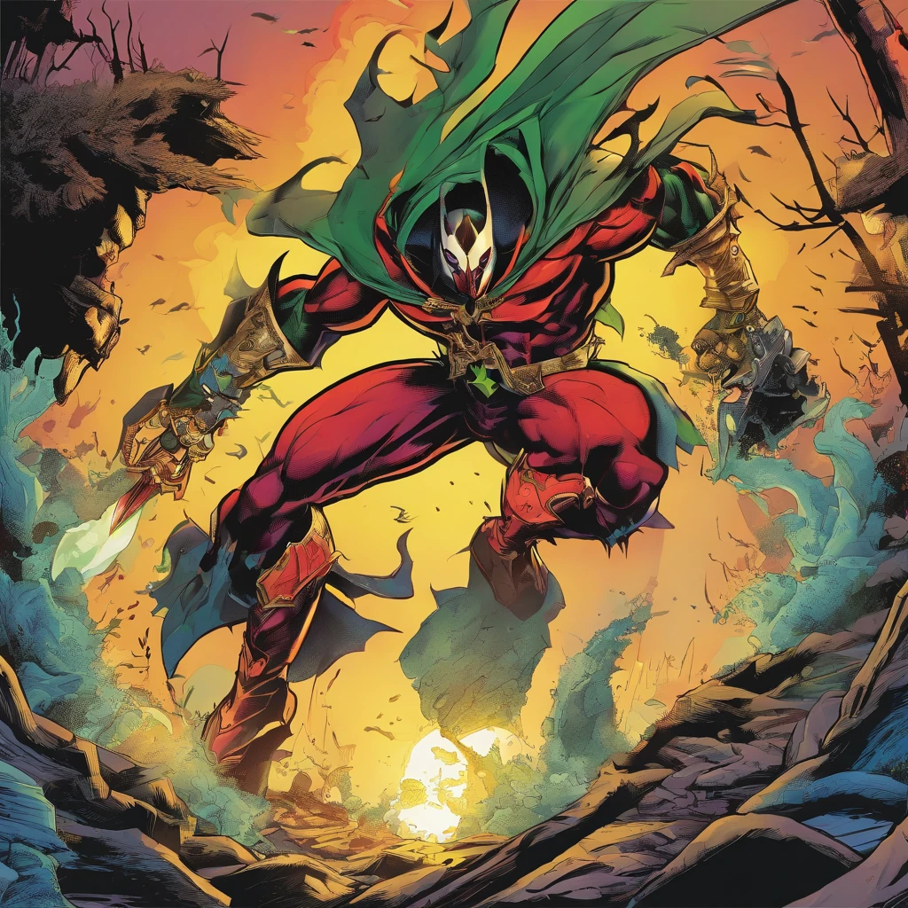 spawn, midshot, (cel-shading style:1.3), centered image, ultra detailed illustration, posing, (tetradic colors), inkpunk, (ink lines:1.1), strong outlines, art by MSchiffer, bold traces, unframed, high contrast, (cel-shaded:1.1), vector, 32k resolution, best quality, flat colors, flat lights