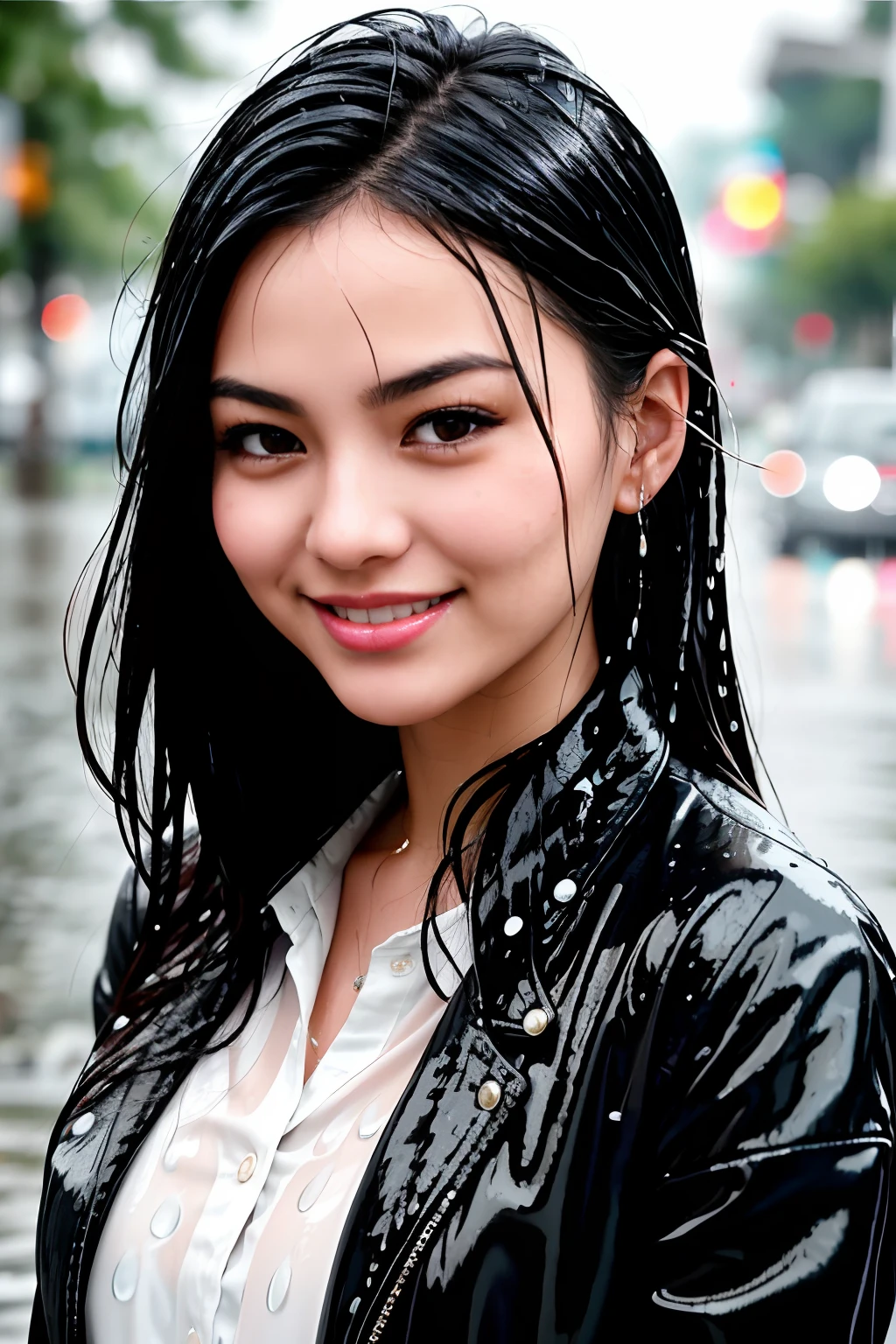 asian woman in black jacket and white shirt smiling, she is wearing a wet coat, pretty girl standing in the rain, covered in water drops, raining portrait, just after rain, wet look, wet hair, closeup portrait shot, wet flowing hair, candid picture, wet dripping hair, glossy from rain, victoria justice, wash off in the rain