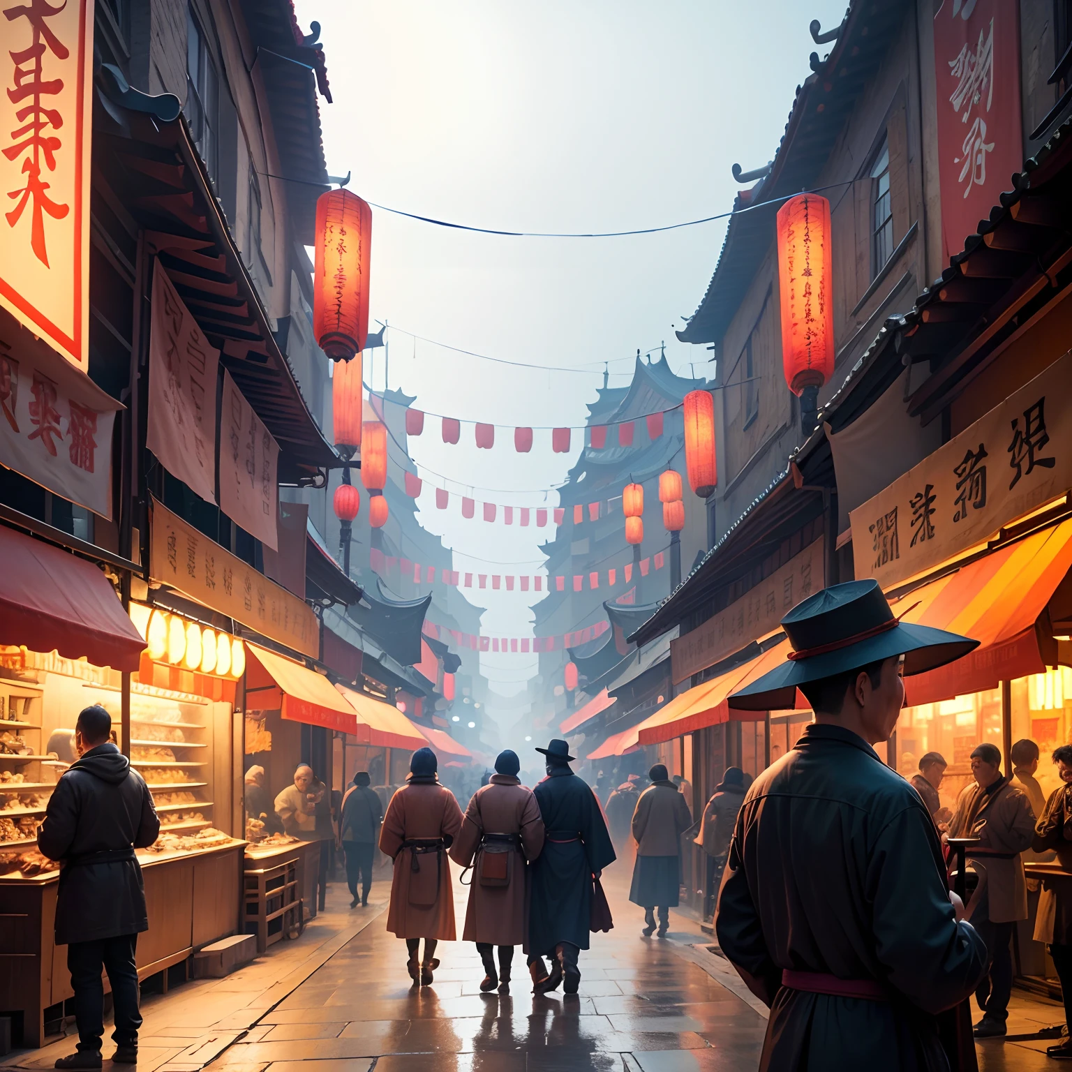 High-definition big scene, aesthetic artistic conception,Ancient Chinese small traders,the street,Pyrotechnics,Harmonious atmosphere,Laughter,with people coming and going