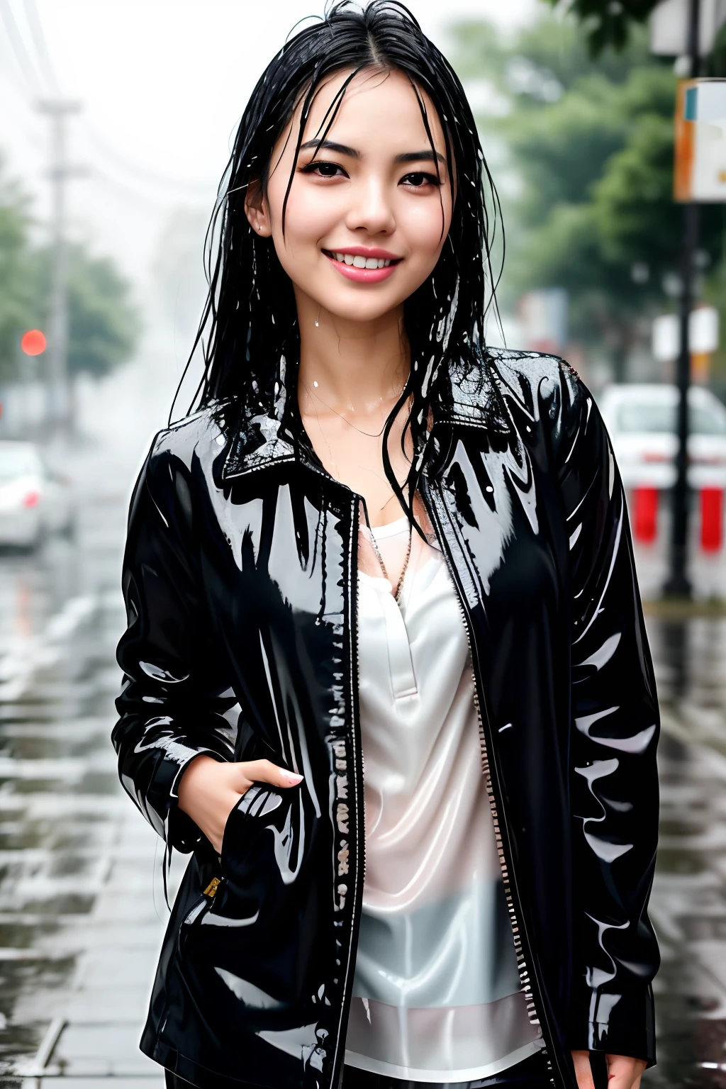 asian woman in black jacket and white shirt smiling, she is wearing a wet coat, pretty girl standing in the rain, covered in water drops, raining portrait, just after rain, wet look, wet hair, closeup portrait shot, wet flowing hair, candid picture, wet dripping hair, glossy from rain, victoria justice, wash off in the rain