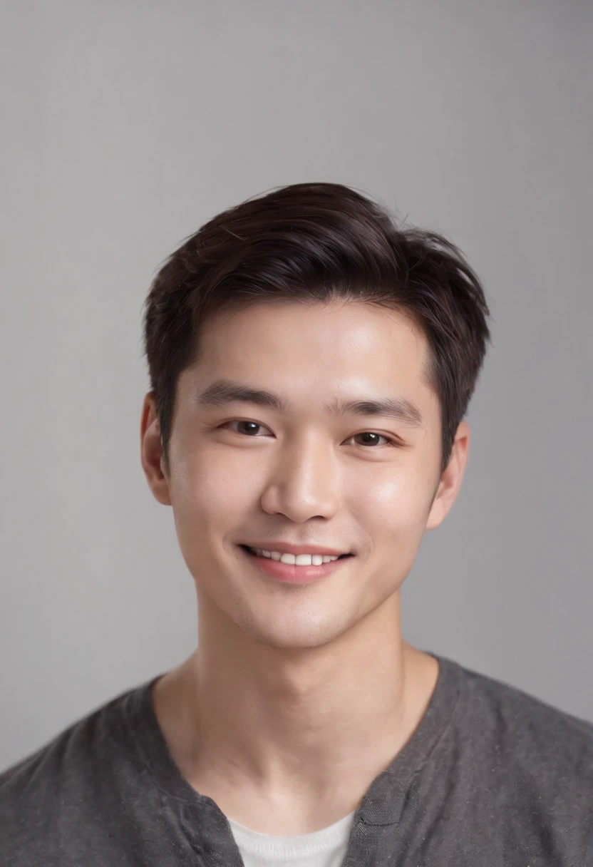 (photo: 1.3) af (realistic: 1.3), east asian man, soft light, clear face, happy, cheerful, smiling, warm light, ((gray-white gradient background)), (background)). ((gray wall background)) avatar, (long or short hair), smile, handsome, young,, short hair, smile, ((close-up))