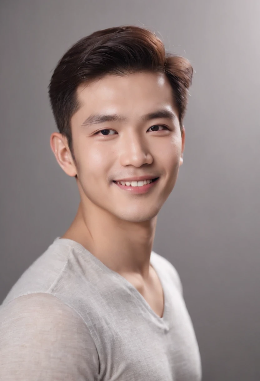 (photo: 1.3) af (realistic: 1.3), east asian man, soft light, clear face, happy, cheerful, smiling, warm light, ((gray-white gradient background)), (background)). ((gray wall background)) avatar, (long or short hair), smile, handsome, young,, short hair, smile, ((close-up))