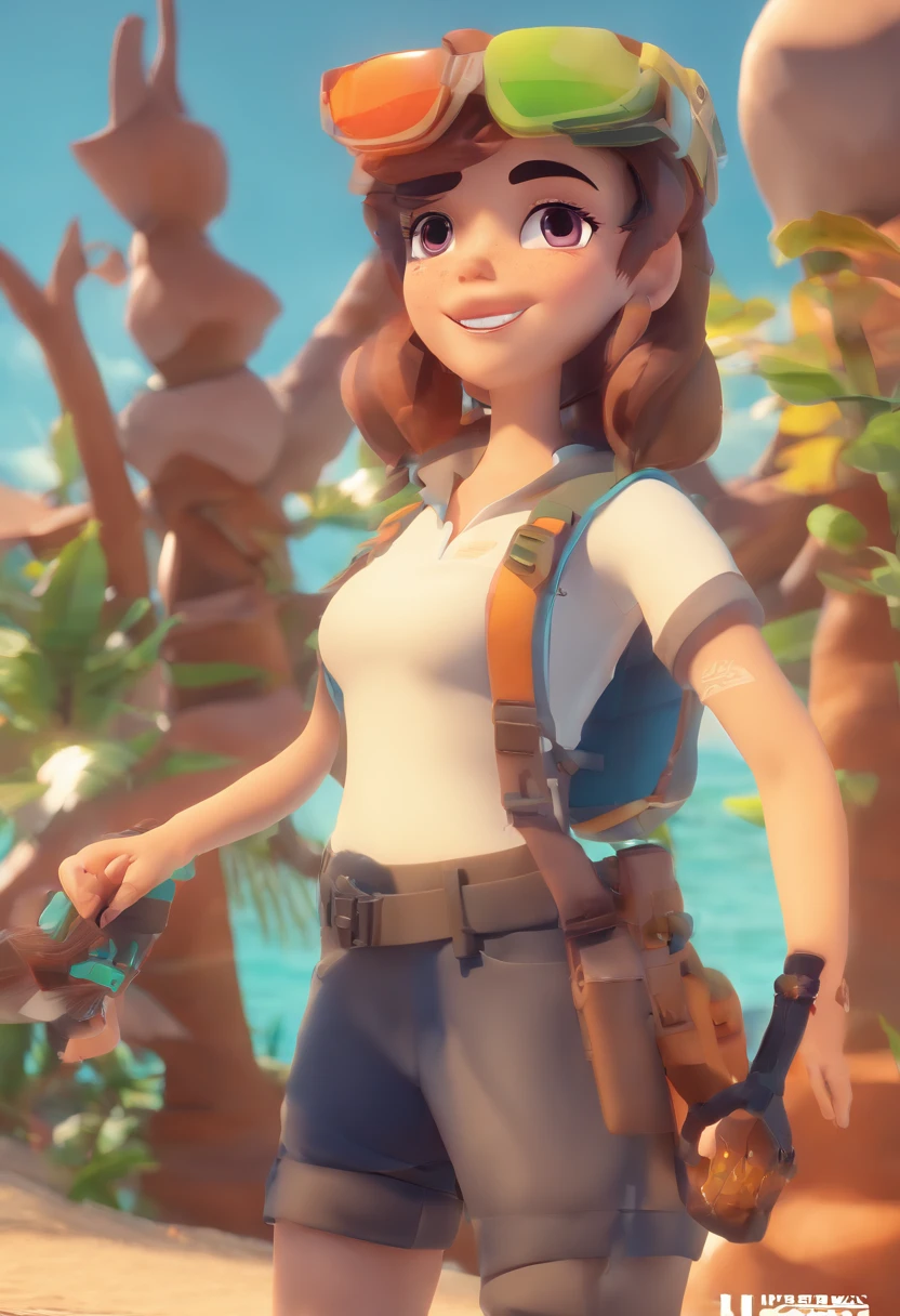vista frontal do garoto animado usando roupa explorador com seu dinossauro verde, olhos castanhos e cabelo loiro, corpo inteiro, maxim, 4k, foco nítido, pele macia e suave, symmetrical and detailed face, Octane, 3D-rendering,