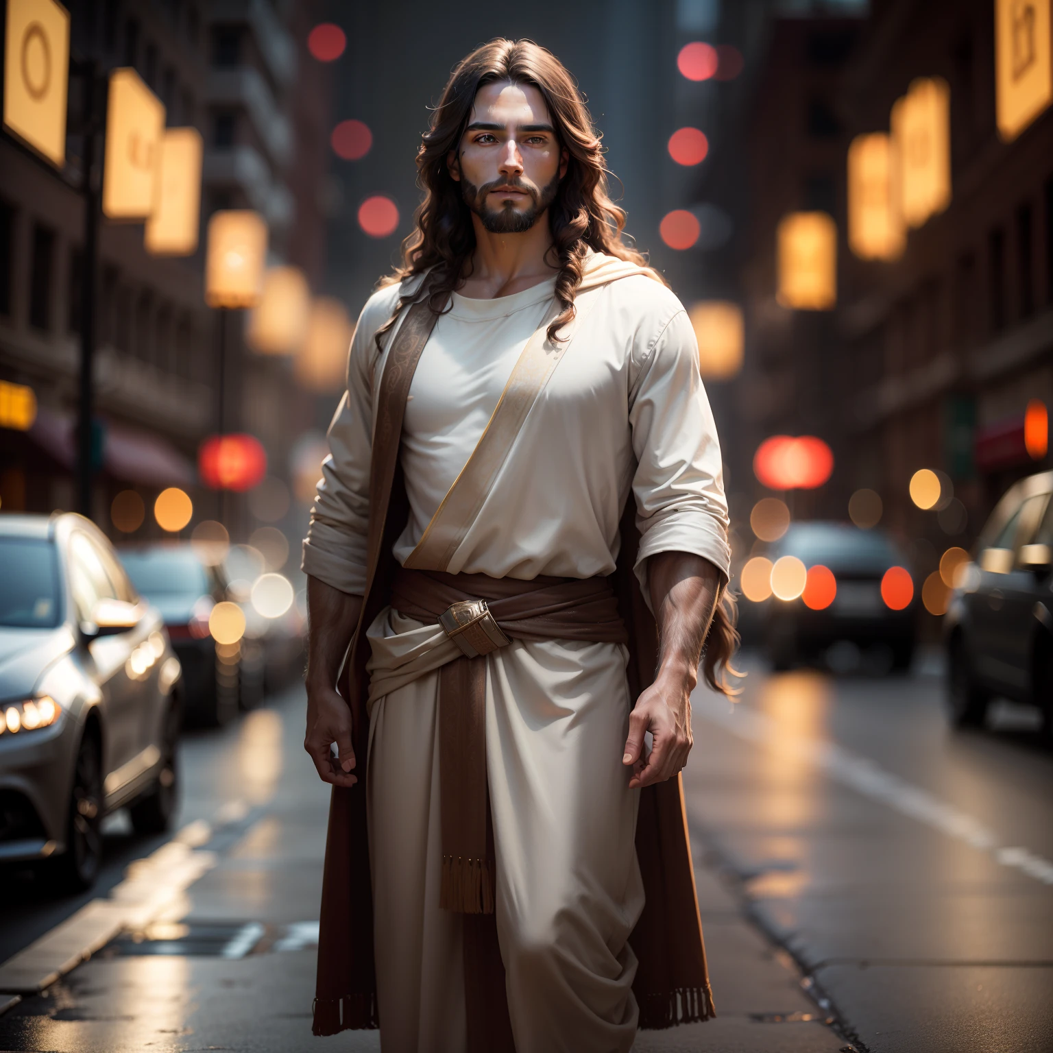 portrait of modern day Jesus, full body, cinematic lighting, depth of field, bokeh, realism, photorealistic, hyperrealism, professional photography, uhd, dslr, hdr