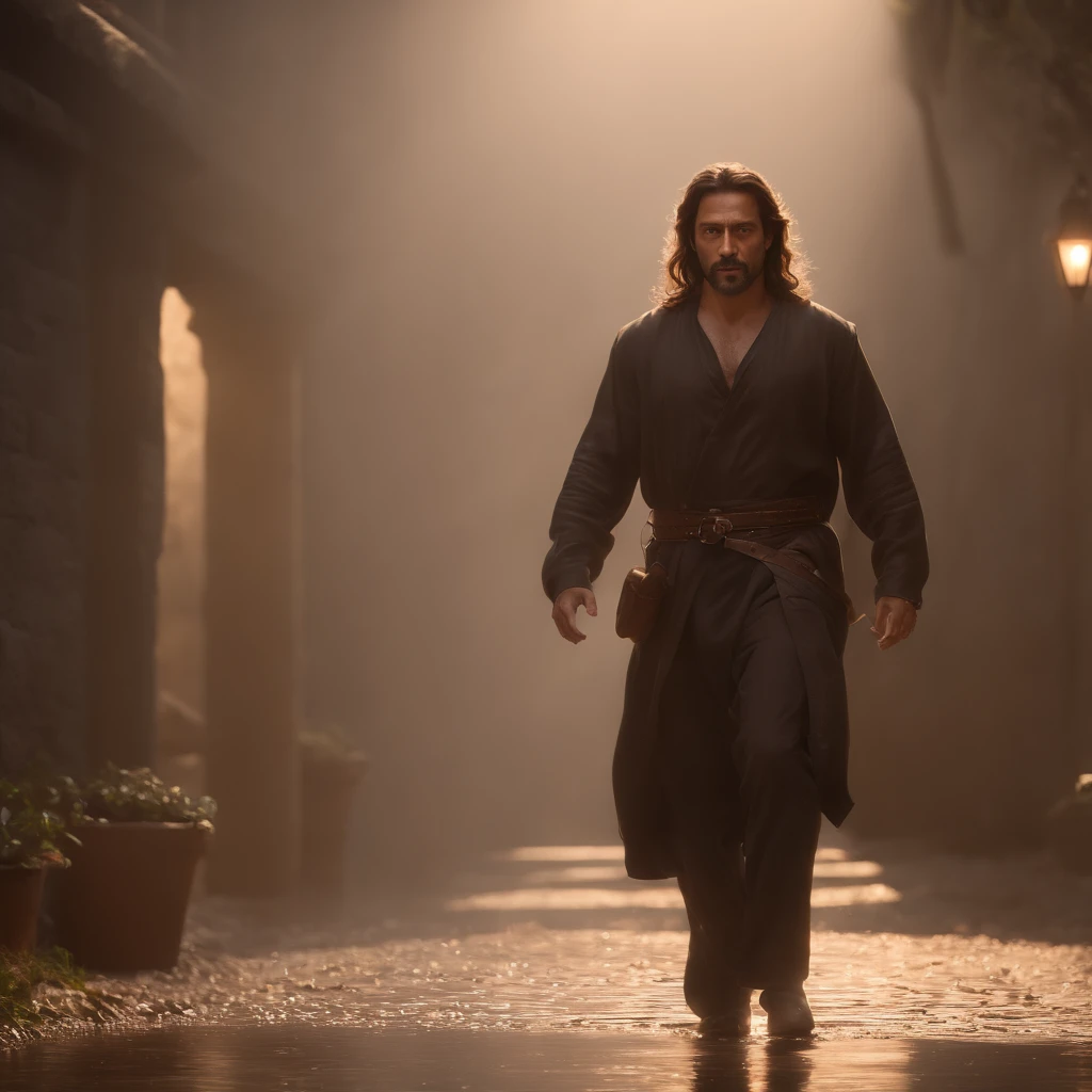 (Professional 3D rendering:1.3) de (Realistic:1.3) foto de arte mais bonita do mundo，soft features, brilliant male heroes, ((Epic hero rough fantasy muscular man wet hero angry look long hair short beard and fierce expression in dynamic pose, fantastic location, majestoso ambiente desordenado)), corpo inteiro 8k unidade render, action shot, poros da pele, very dark lighting, sombreamento pesado, circunstanciado, rosto detalhado, (Vibrando, Fotografia realista, Realistic, Dramatic, Escuro, foco nítido, 8k), (Roupas de couro velhas danificadas pelo mau tempo:1.4), ((((Use peles)))), (intrincado:1.4), decadente, (altamente detalhado:1.4), Pintura digital, rendering by octane, art stations, conceito-arte, liso, foco nítido, illustration, germe da arte, (Loish:0.23), Wlop Ilya Kuvshinov, e greg rutkowski e alphonse mucha gracias, (global ilumination, studiolight, light volumetric), chuva forte, floating particles, patife, fantasia, Nosso, Corpo inteiroesbiano, ((Fundo escuro e antigo da cidade:1.3)),CGSesociedade,art stations