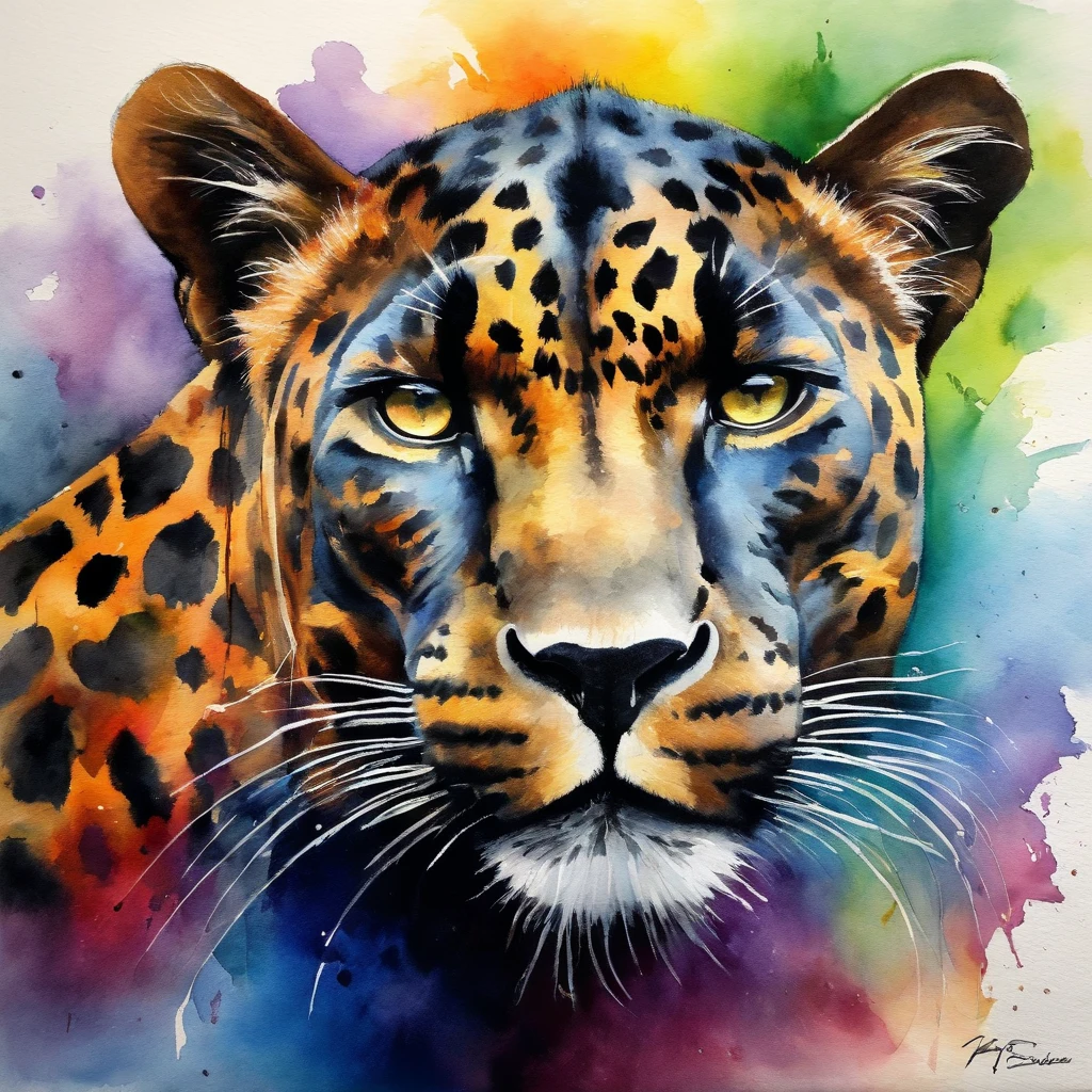 Picture of a black leopard, rainbow colours,spectacular, vibrant, no signature, no watermark