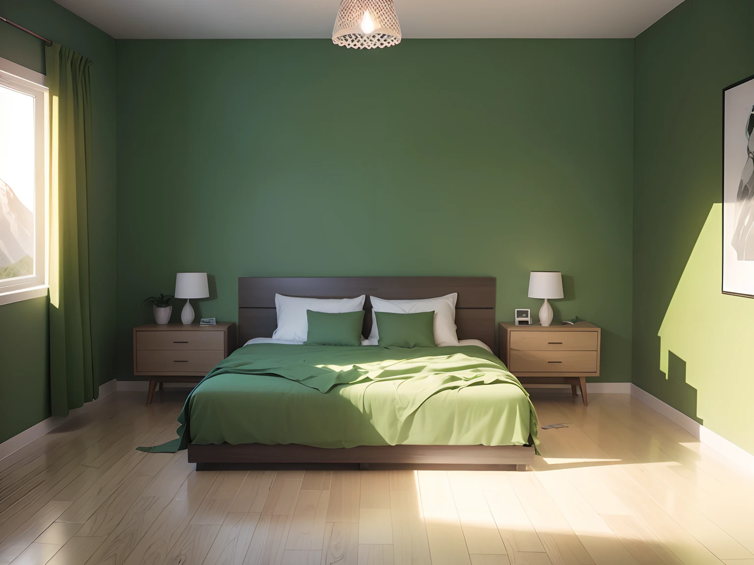 A high-resolution photograph of a room with walls painted a lush green or mountain green (Div content here). El color exacto de la pared es RGB 5312181. Es un verde vibrante y energizante. The room is well lit with natural light, mostrando el verde exuberante de la pared de forma realista. It is a modern and spacious room, con muebles minimalistas. The image shows the mountain green color in all its nuances thanks to realistic lighting.