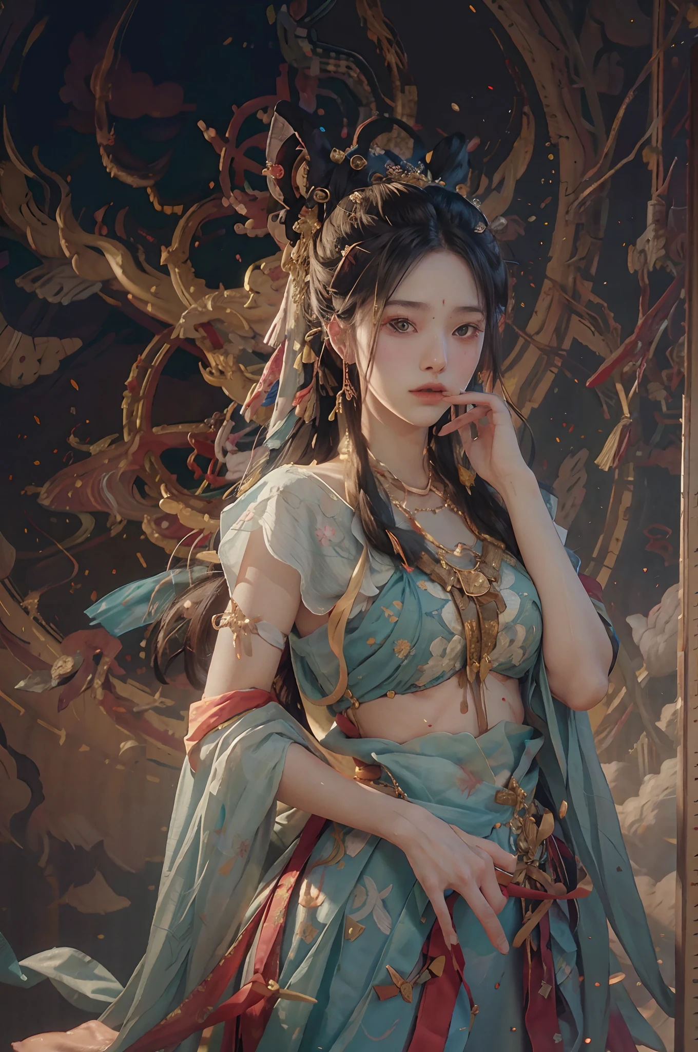 (RAW photo, best quality), (realistic, photo-realistic:1.3),best quality,highly detailed,masterpiece,ultra-detailed,illustration,1girl,upper_body,dynamic angle,world masterpiece theater,messy_long_hair,best quality,extremely detailed CG unity 8k wallpaper,ink,Amazing,cinematic lighting,lens_flare, dunhuang_style