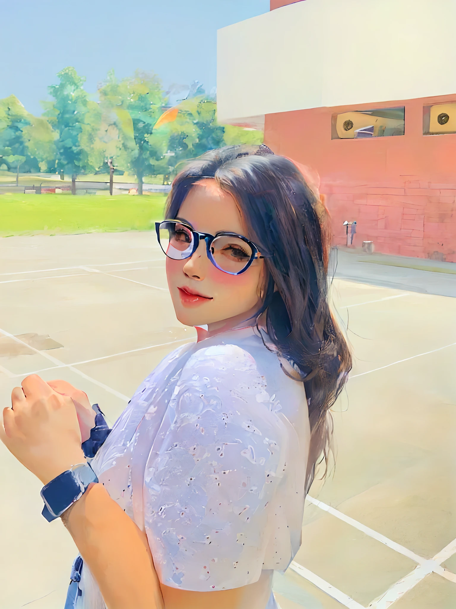 there is a woman with glasses standing in a parking lot, at college, profile image, with a cool pose, candid picture, profile pic, sunny day time, profile picture, portait photo profile picture, beautiful surroundings, smooth in _ the background, friedly smile, very very low quality picture, on a sunny day, with a happy expression, sunny day