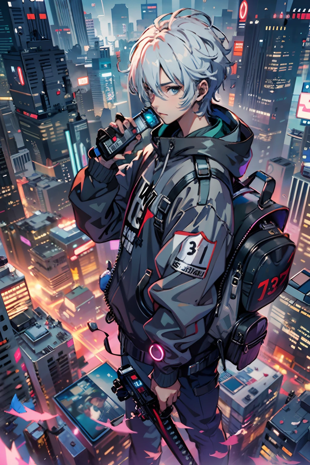 1boy,(a 13 yo boy:1.5)、Anime-style protagonist、Cyberpunk Boy、silber hair、katanas,machine gun、Whole body bloody、Overhead view of the composition、The beginning of the adventure、Lots of clouds,heavy fog、Moon,Chaotic city of the future、dystopian、Vibrant lighting、Chaotic、Beautiful and fantastic scenery、Cinematic scenery、hightquality、masutepiece,in 8K、hight resolution、