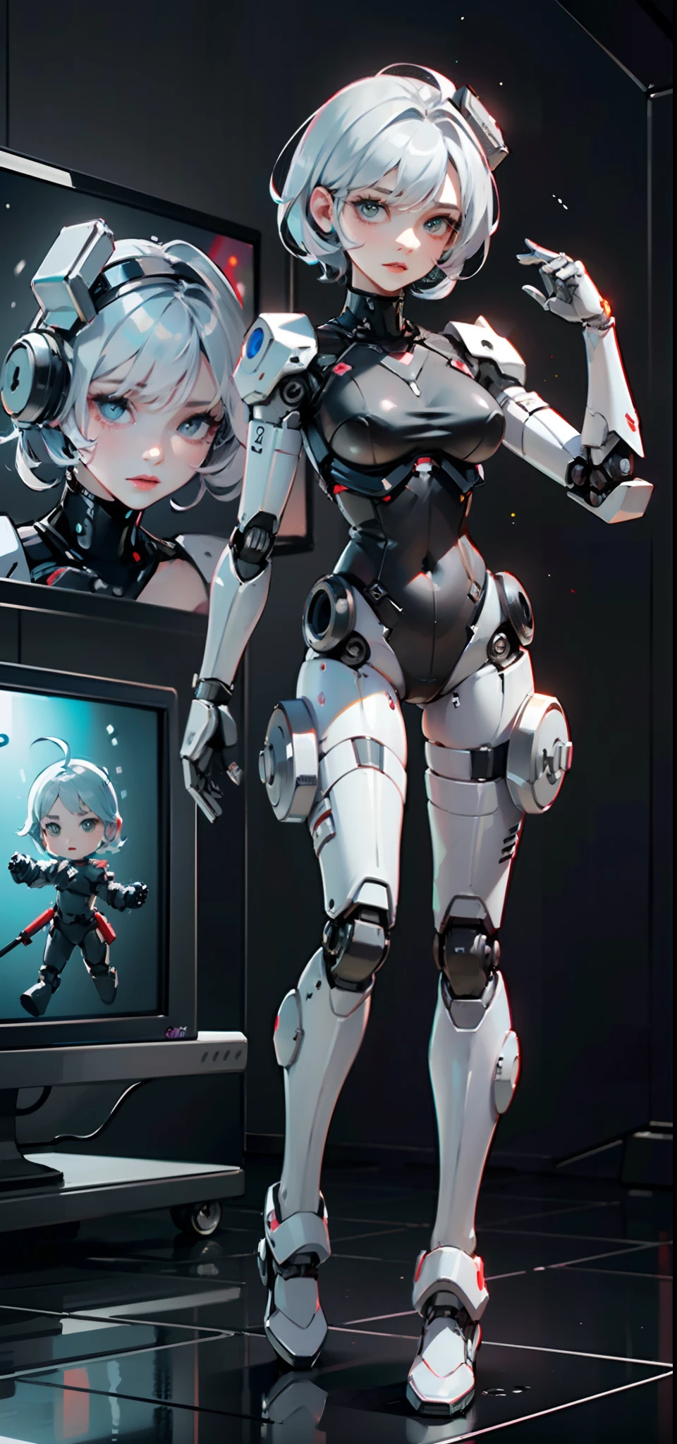 (((TV robot with robotic arms and legs))),
(((Little robot chibi))) with ((((TV head)))). he had (((Shaped like a cube with robotic arms and legs))),Big breasts and big breasts (((The screen was in his face))) Display emojis and encoded messages,Strange head, Black TV head,Detailed TV head,Intricate robots,
(((object_Head,tvp_Head))),
(Dynamic pose:1.0),solofocus,(Centered,Scale to fit the dimensions,Rule of thirds),
Waterfront cyberpunk city at night, There are bright neon lights and dark storm clouds and puddles, scenery:1.25,
artsy photography,(photography of:SLDR),A high resolution, Sharp focus, (Ultra detailed, Extremely detailed), (realistic artwork:1.37),(Extremely detailed Cg Unity 8K wallpaper),((Synthetic wave background theme)),(((Vibrant colors))),(intricate background),(Masterpiece),(Best quality)