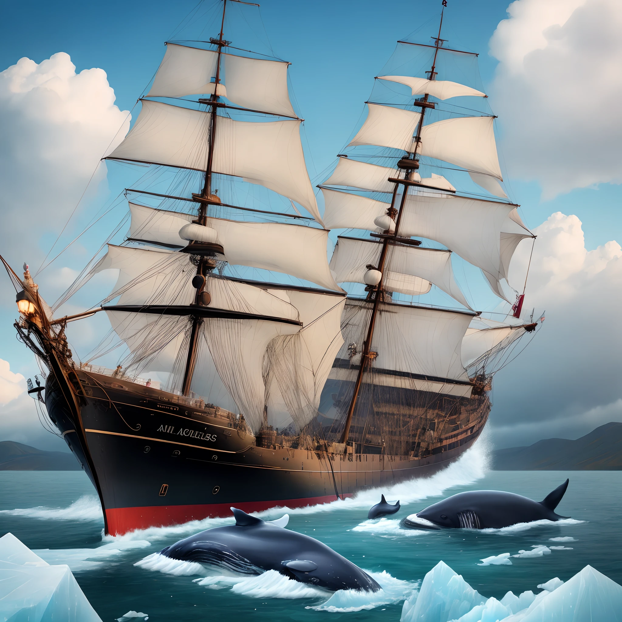 Whales and ice and wooden ship