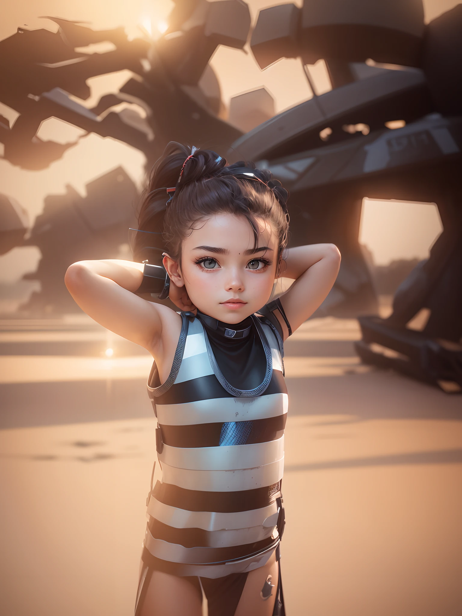 A young beautiful girl in a tight sci - fi uniform, with a slim figure, whole body, with her hair up, female warrior