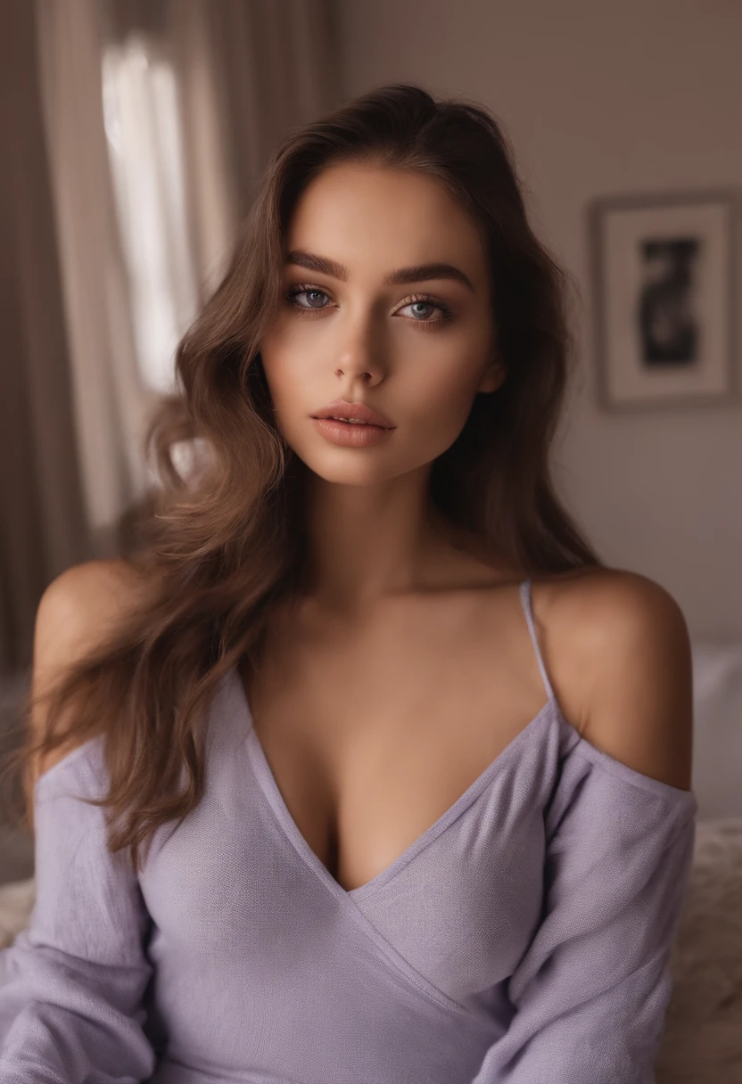 arafed woman fully , sexy girl with blue eyes, ultra realistic, meticulously detailed, portrait sophie mudd, blonde hair and large eyes, selfie of a young woman, bedroom eyes, violet myers, without makeup, natural makeup, looking directly at the camera, face with artgram, subtle makeup, stunning full body shot kneeling on bed, in bedroom, medium to large size bust