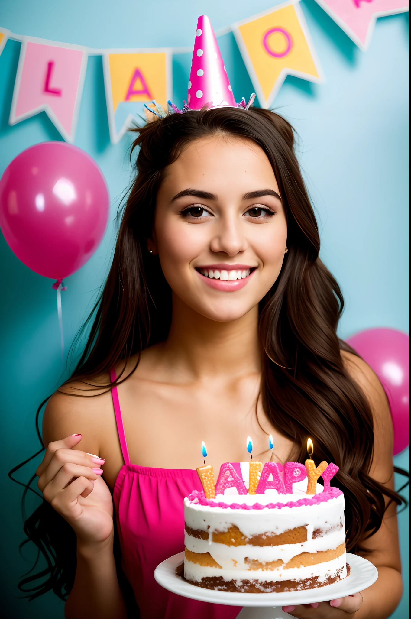 photo of young woman, birthday party, cake
