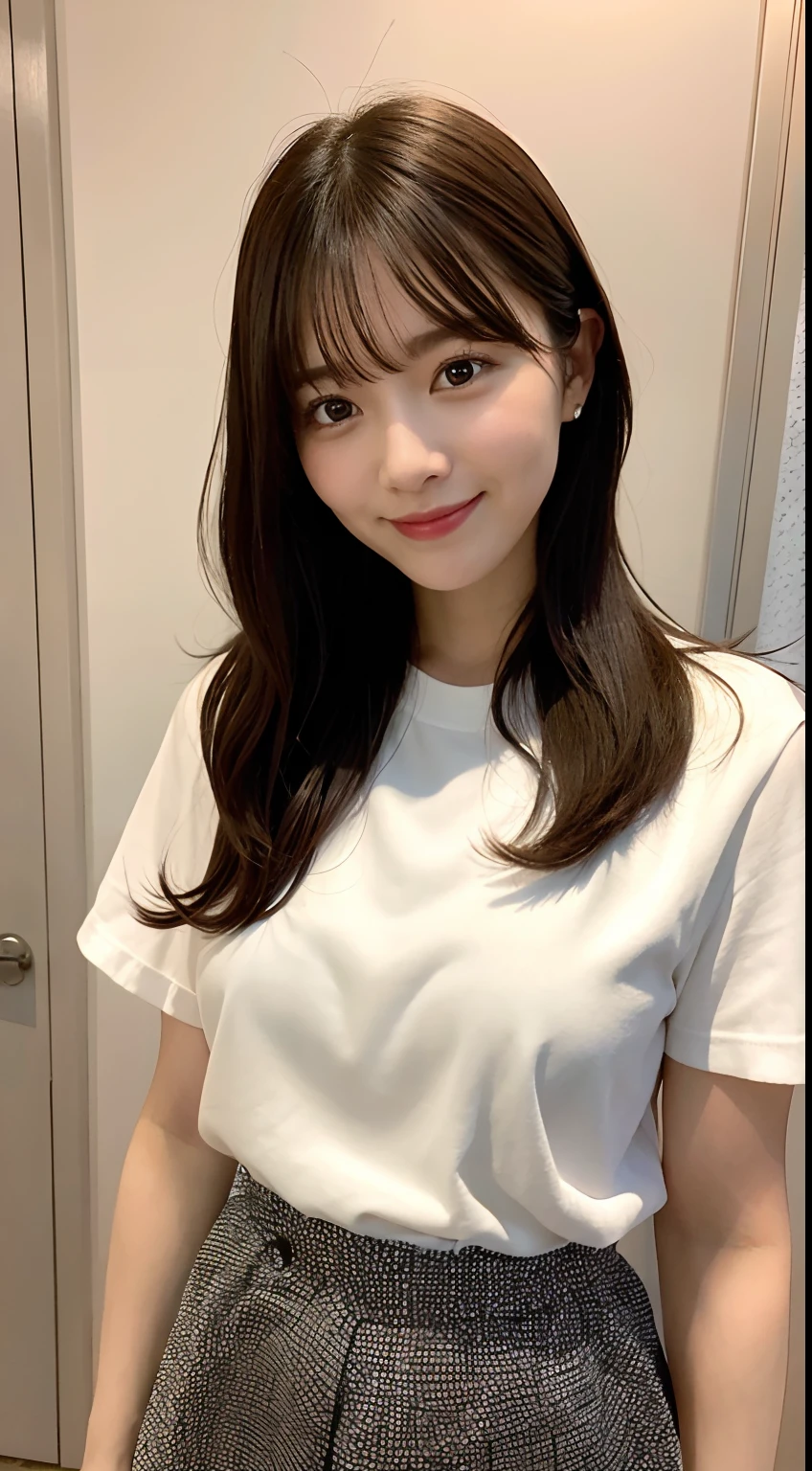 top-quality、Photorealsitic、8K、hight resolution、Perfect litthing、a gorgeous、​masterpiece、realisitic、closeup portrait、
1girl in、piercingeyes、Light shirt、middlebreasts、shorth hair、Look at viewers、kindly smile、in the room、in the room、a miniskirt、sun shine、age 30s