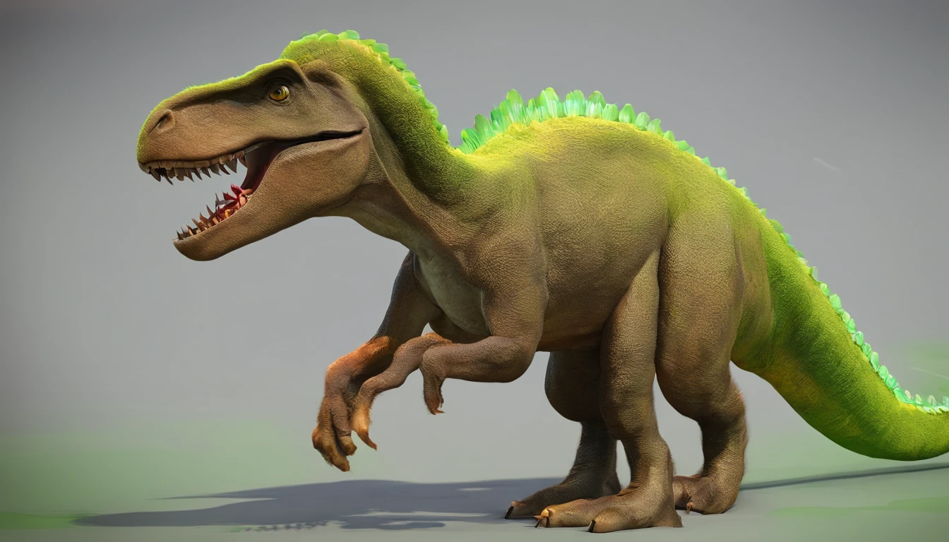 vista frontal do garoto animado usando roupa explorador com seu dinossauro verde, olhos castanhos e cabelo loiro, corpo inteiro, maxim, 4k, foco nítido, pele macia e suave, symmetrical and detailed face, Octane, 3D-rendering,