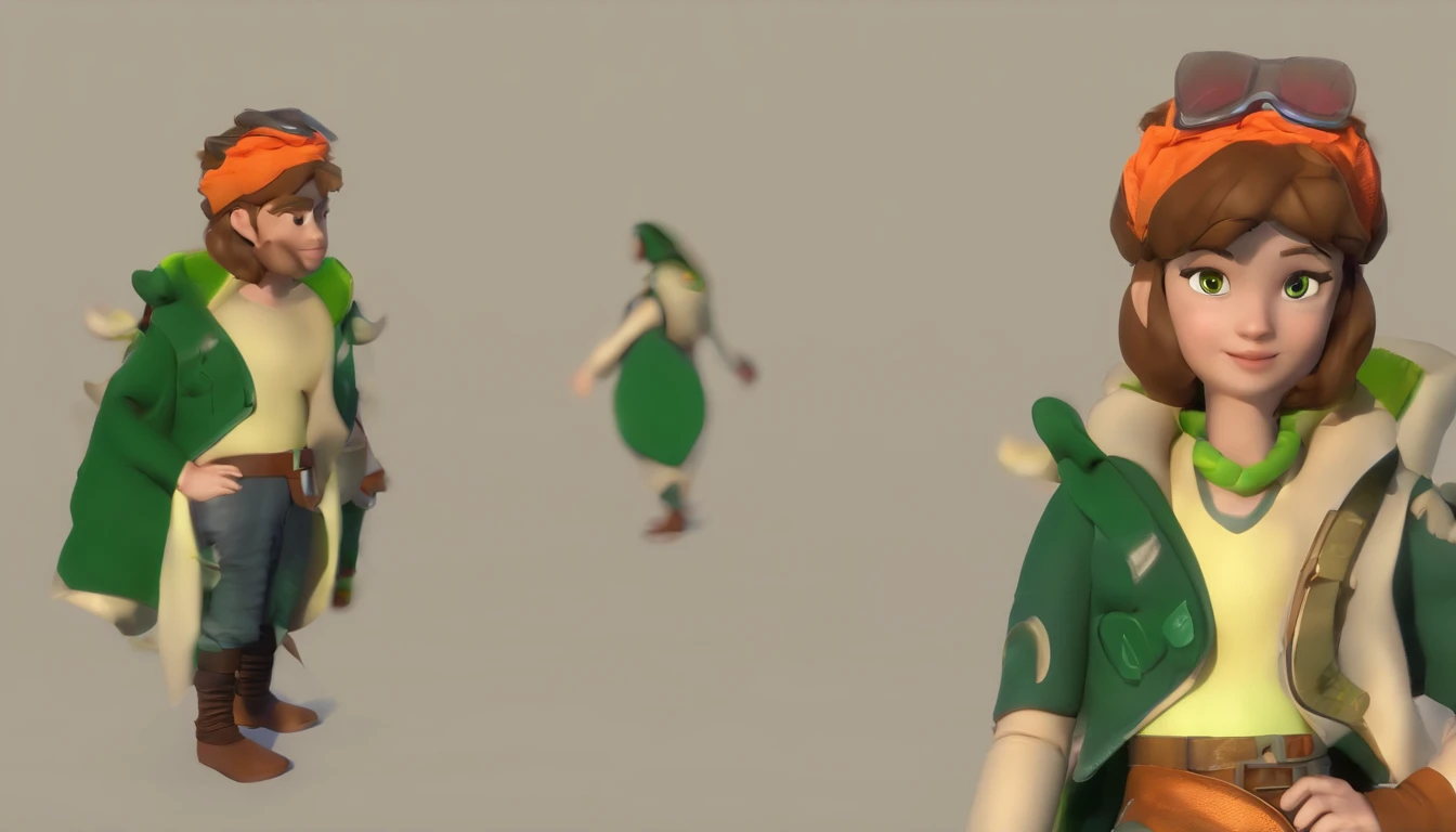 vista frontal do garoto animado usando roupa explorador com seu dinossauro verde, olhos castanhos e cabelo loiro, corpo inteiro, maxim, 4k, foco nítido, pele macia e suave, symmetrical and detailed face, Octane, 3D-rendering,
