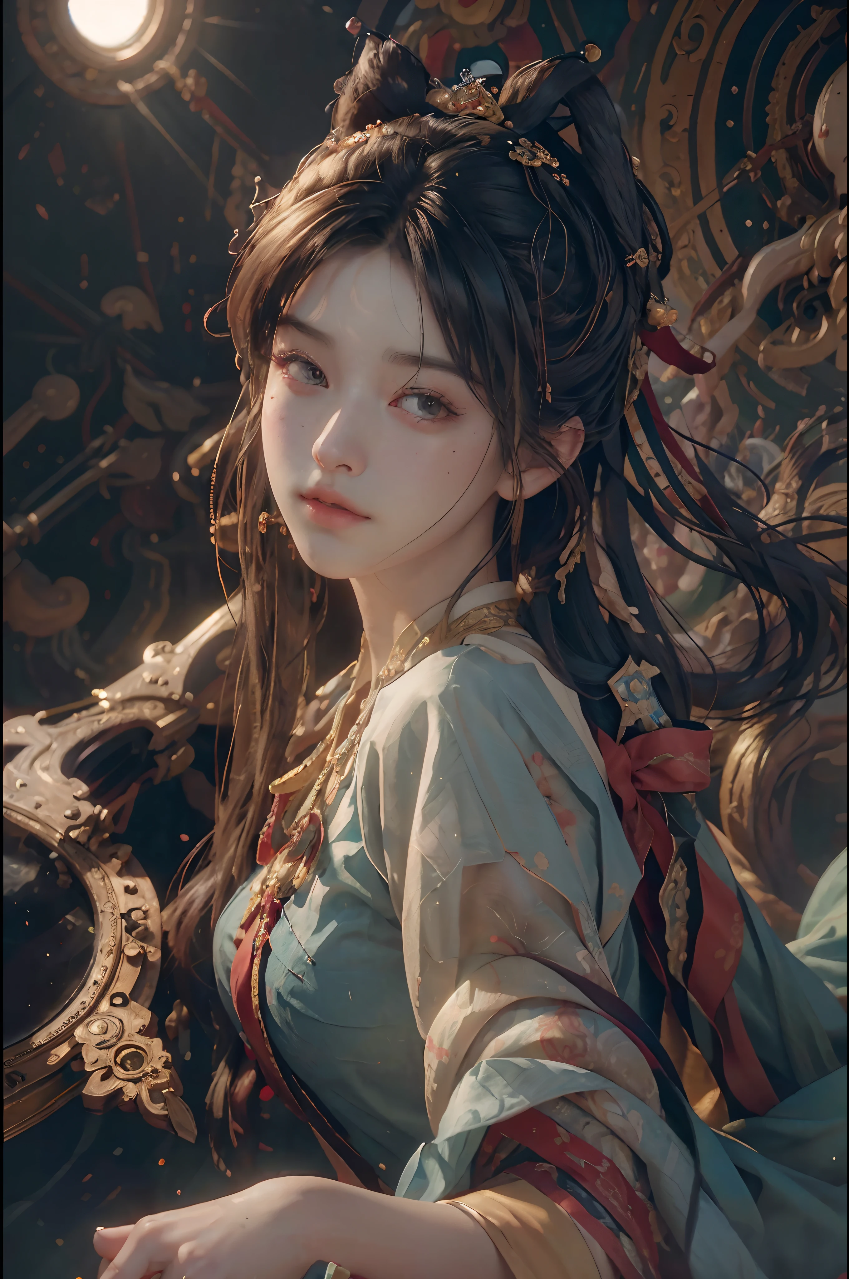 (RAW photo, best quality), (realistic, photo-realistic:1.3),best quality,highly detailed,masterpiece,ultra-detailed,illustration,1girl,upper_body,dynamic angle,world masterpiece theater,messy_long_hair,best quality,extremely detailed CG unity 8k wallpaper,ink,Amazing,cinematic lighting,lens_flare, dunhuang_style