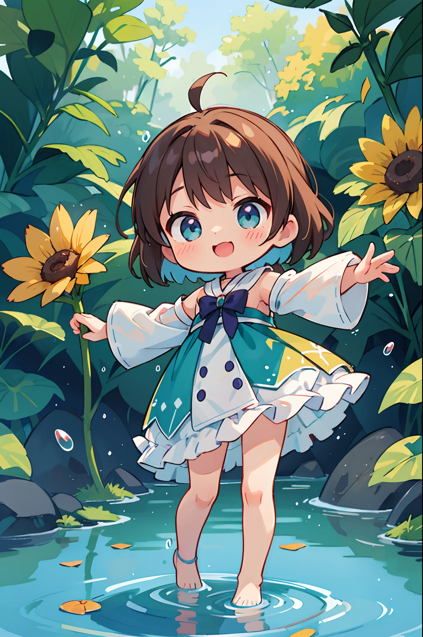 photoRealstic、Doll standing in front of the painting、swim wears、laugh face、Water droplets on the cheeks、Take an outstretched pose、Sengai、pixiv、rokoko、dollfie dream、watercolor Nendoroid、(High Definition Figure)、Flowing iridescent silk、nendroid、up of face、There are also flowers in front of the nendroids、Morning glory petals、season!!: 夏☀ 🍂 朝顔