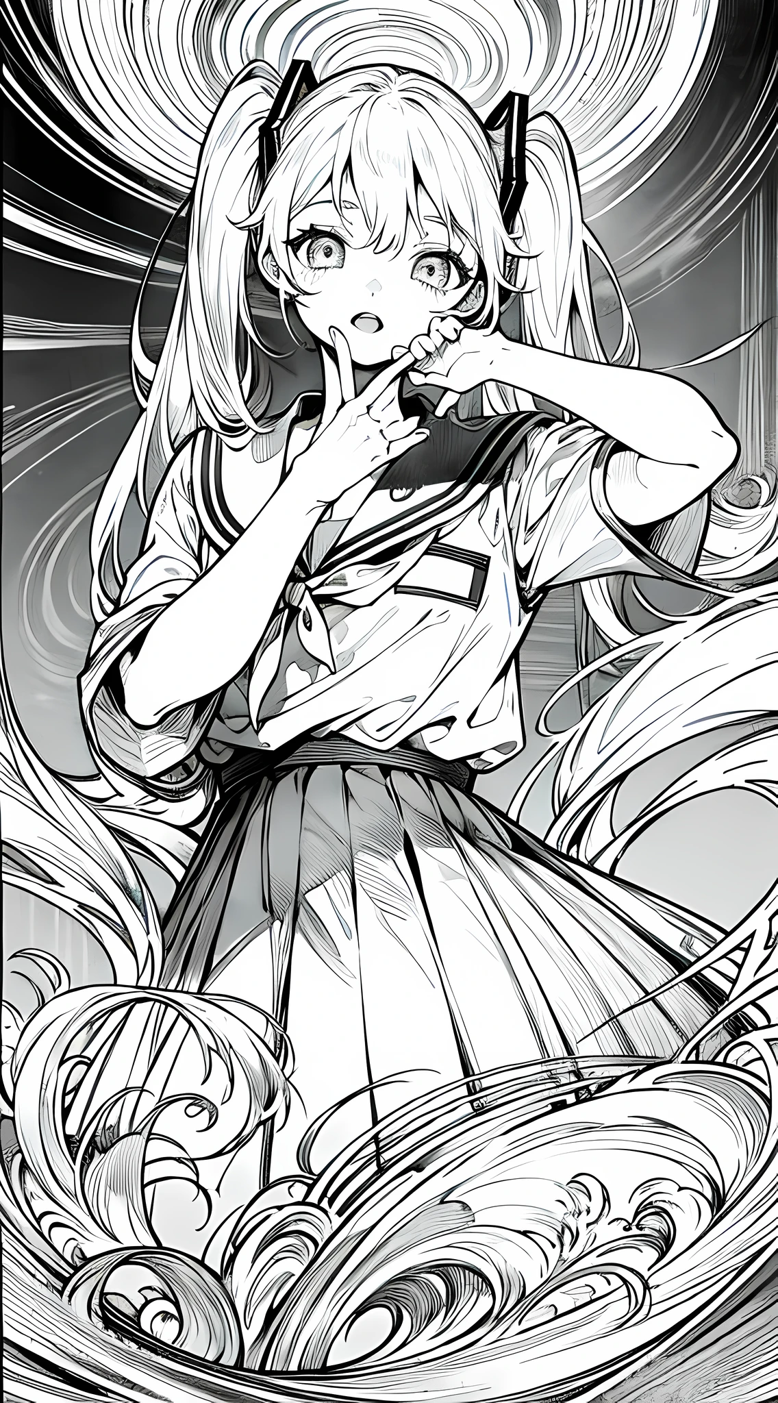 hatsune miku, japanese manga, manga page, high res, ultrasharp, 8k, masterpiece:1.2, manga panel, story, detailed eyes, intricate background, manga style, monochrome, twintail hair, different pose, idol scene, singing pose, extremely fine, detailed hand, schoolgirl uniform