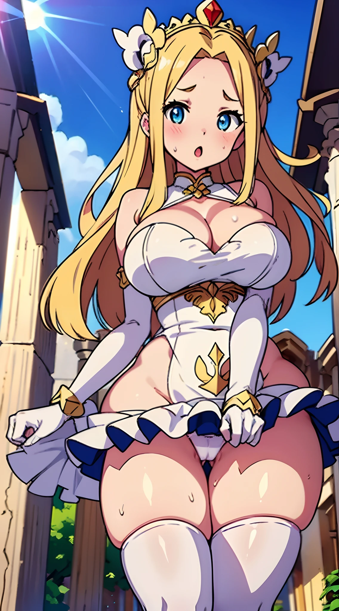 hiquality、 K、Official art、(NSFW)、adult woman,((Huge breasts)),((big butts)),((thick thighs))、blush,Long hair,Blue eyes,((a blond)),((Forehead))、Sweat,white glove,white knee-socks、((fatness))、((:o)),Gold bangles,cleavage cutout、((((white dres))))、crown of gold、a miniskirt、Panchira、((Open legs))、(Light blue panty)、From below、Greek Temple