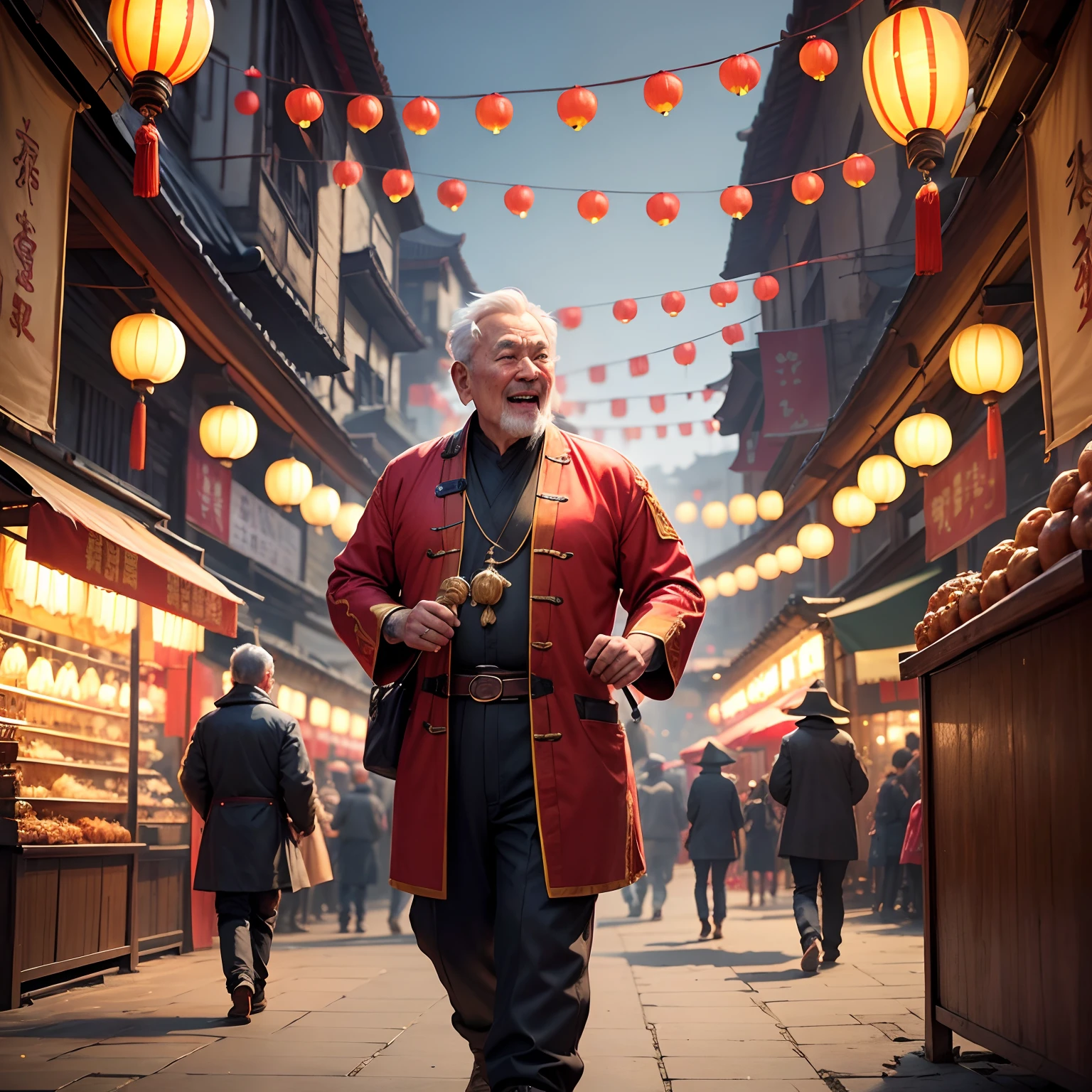 High-definition big scene, aesthetic artistic conception,Ancient Chinese small traders,the street,pyrotechnics,Harmonious atmosphere,Laughter,with people coming and going,Grandpa main body buys things for children