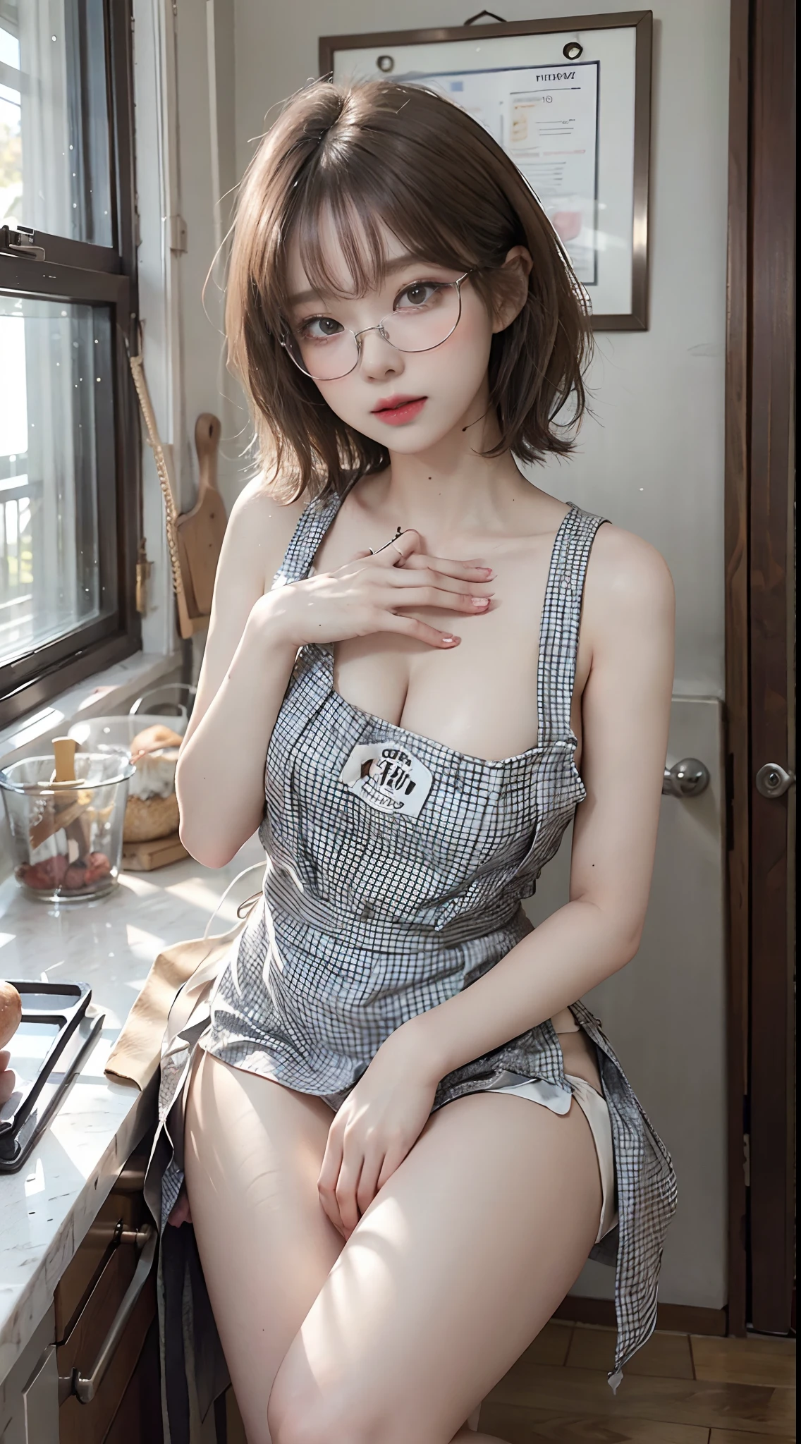 Top image quality、Raw photography、超A high resolution、18-year-old Korean、Glasses beauty、Colossal tits:1.5、cleavage of the breast:1.5、Healthy complexion、shiny white skin、(short cut hair)、((Light brown silver hair))、Beautiful eyes with random colors、very thin lips、beautiful eyes finely detailed、elongated eyes、pale pink blush、long eyeslashes、Beautiful double eyelids、eyeshadows、耳Nipple Ring、Beautiful skin、Healthy skin、(Fashionable glasses、Wearing _kitchin_Apron、Broken white micro apron、Naked little apron, Perforated apron、Fluffy breasts、Beautiful legs、Attractive thighs)、(slightly thicker thighs、Sit in the kitchen)