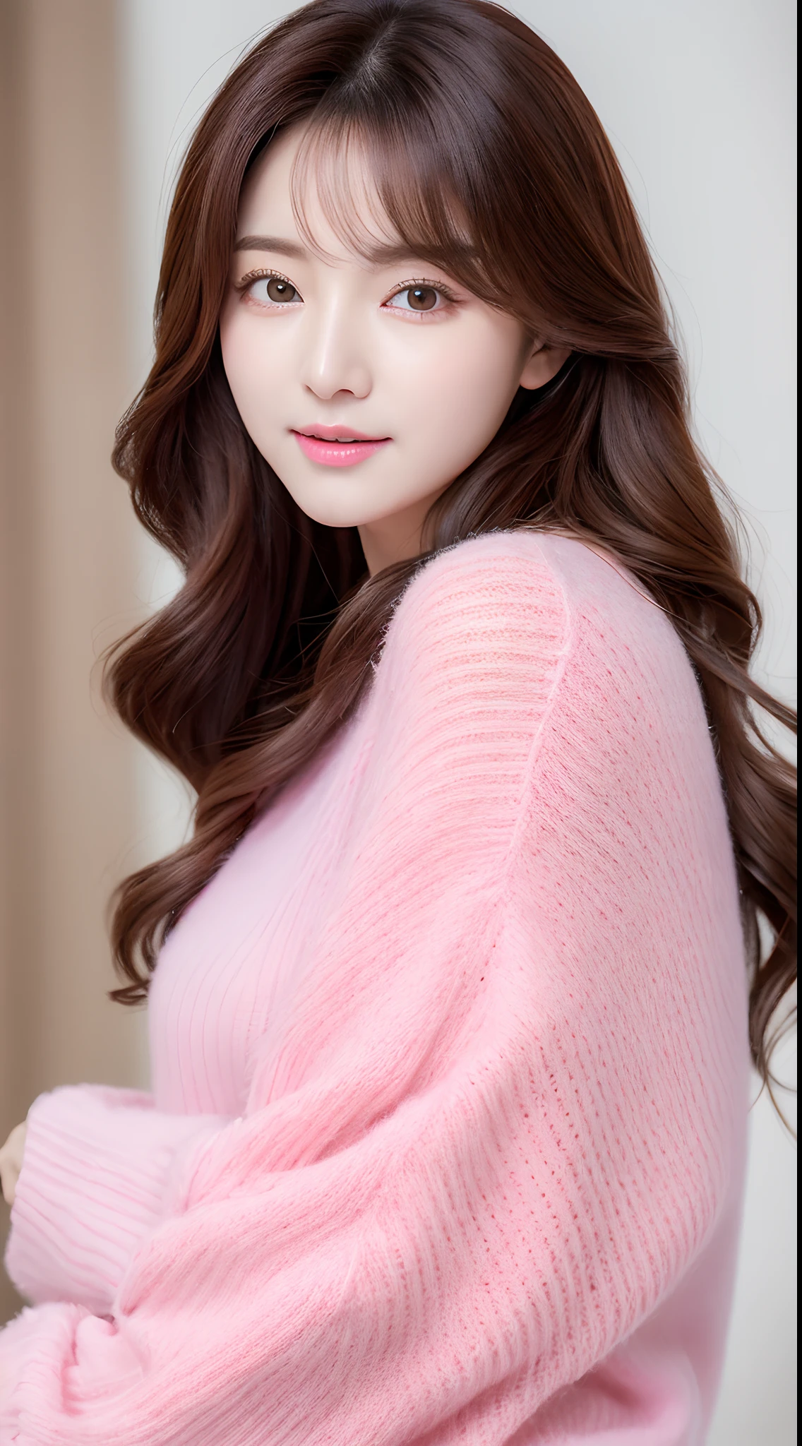 Realistic photos of (1 cute Korean star) hair over one eye, thin makeup, 32 inch breasts size, wearing pink sweater, hug with dog, UHD