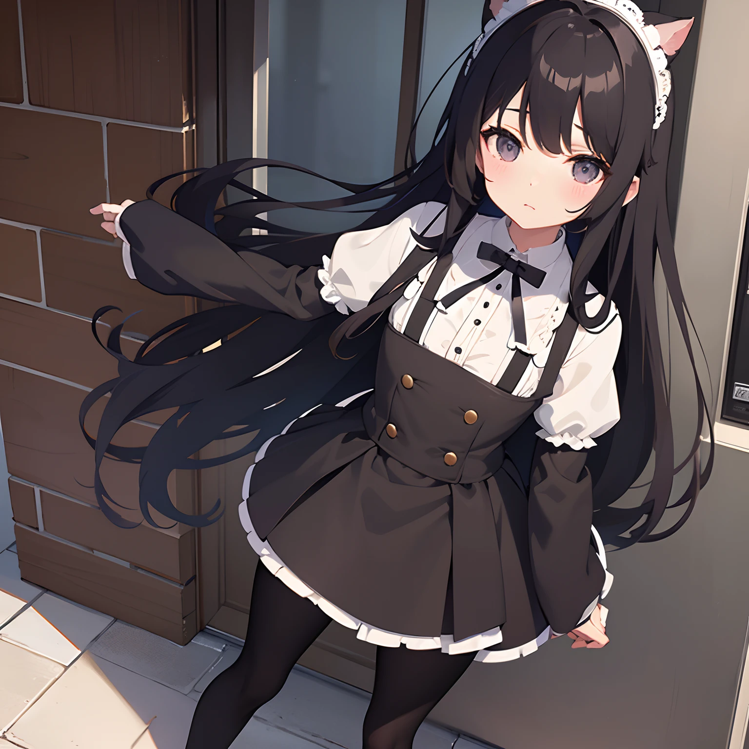cute little、Cute clothes、A dark-haired、long、tights、Stockings、a beauty girl、is standing