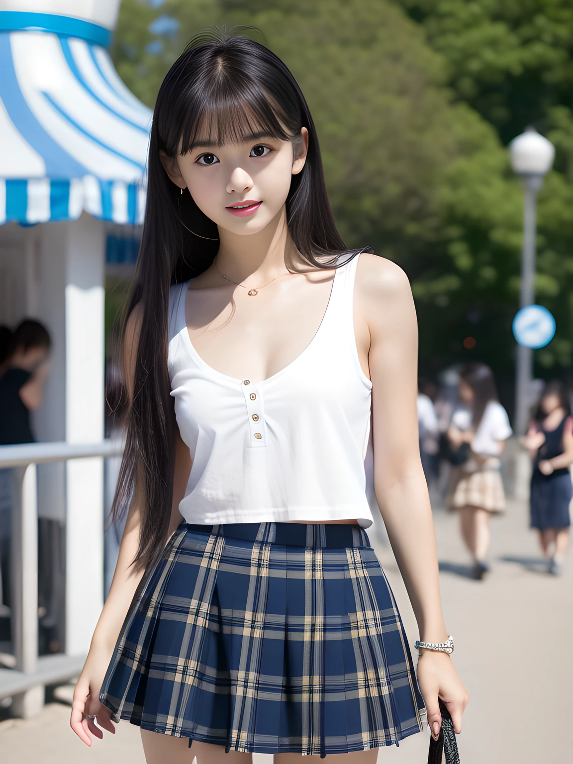 raise one’s eyebrows,年轻,(pleatedskirt,Blue plaid mini skirt),White T-shirt without sleeves,s girl,Delicate body,petite body,small tits,tiny chest,A dark-haired,Very Longhair,An amusement park,bangss