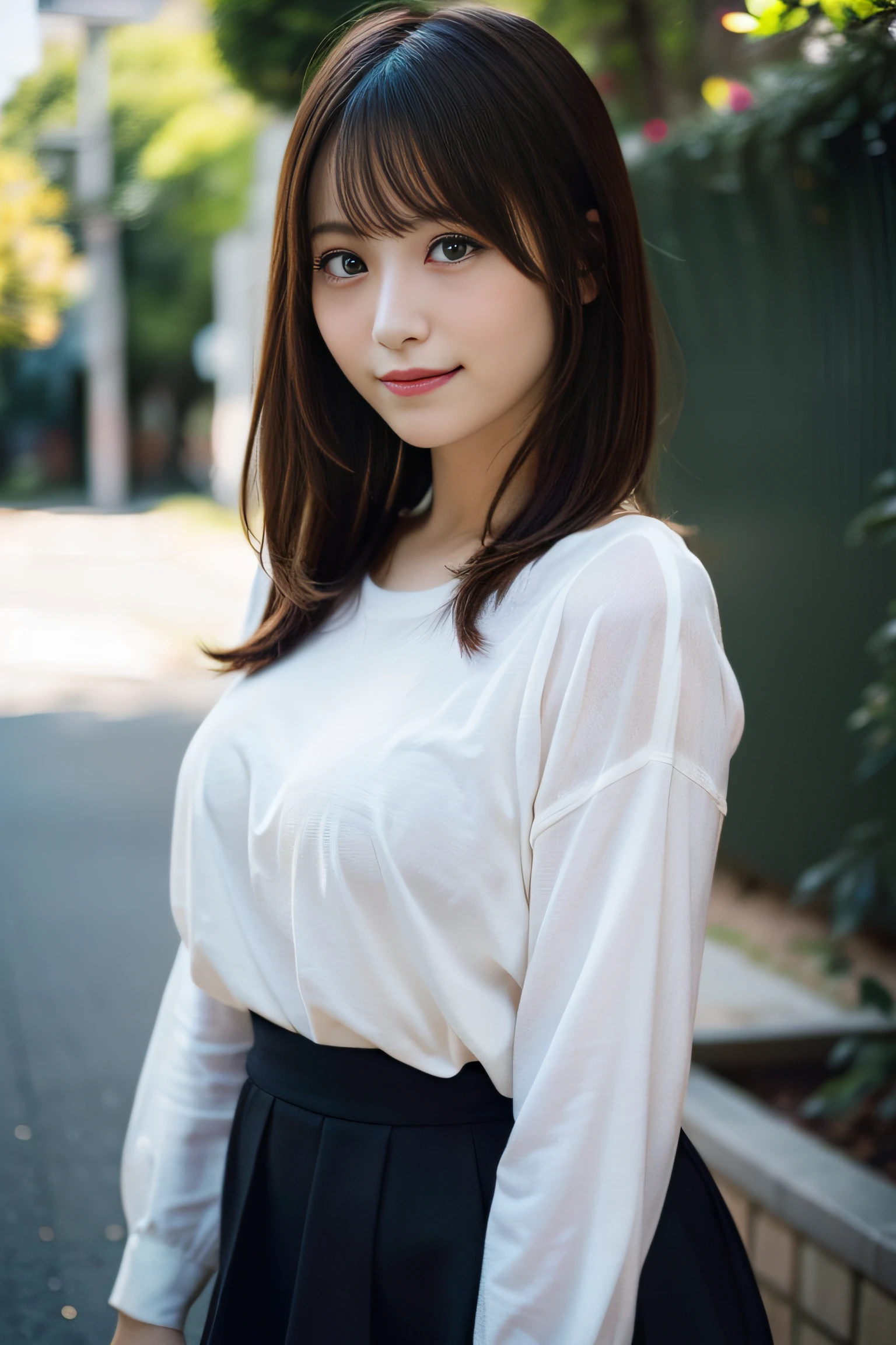 in 8K,Best Quality:1.4, 超A high resolution:1.5, (Photorealistic:1.4),​masterpiece:1.2,(top-quality:1.4)、 Raw photo、(the background is blurred), Park on the hill:1.4、lawn、FULL BODYSHOT:1.4、 1日本人の女の子, Cute, (Solo), (Shy smile), Smooth skin、(30-years old:1.2)、ＴThe shirt、to stand、Check miniskirt、Cute mini skirt、 (Brown medium hair,Bangs), (touch hair:1.4)、nogizaka、cute little、Supple fingertips,Beautiful black eyes、natural skin textures:1.3, realistic eyes and face details:1.7、middlebreasts、gazing at viewer、gravure