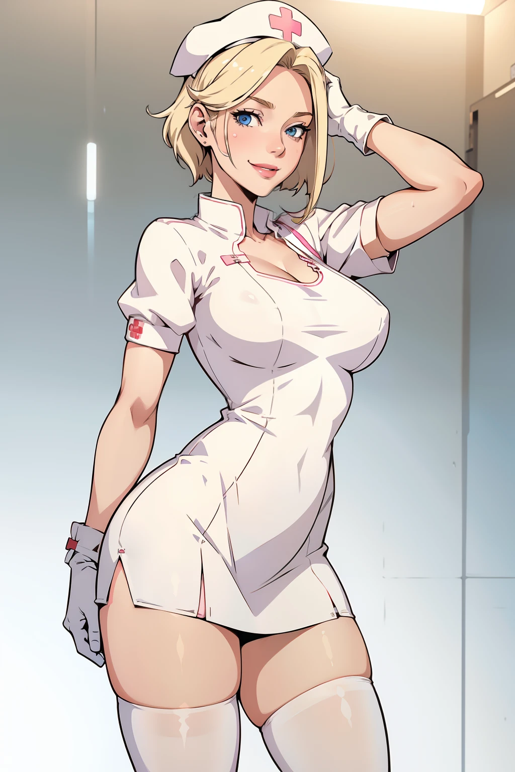 1woman, Nurse, nurse uniform, Nurse Cap, Whiteware, ((White legwear, zettai ryouiki)), White Gloves, Blonde hair, Blue eyes, pink lipsticks, Smile, Standing, sharp outline, Short sleeves, a mature female, 35 year old, Best Quality, masterpiece, infirmary, As chest shows, chest escaping, rain on face, sensuous pose, tit visible