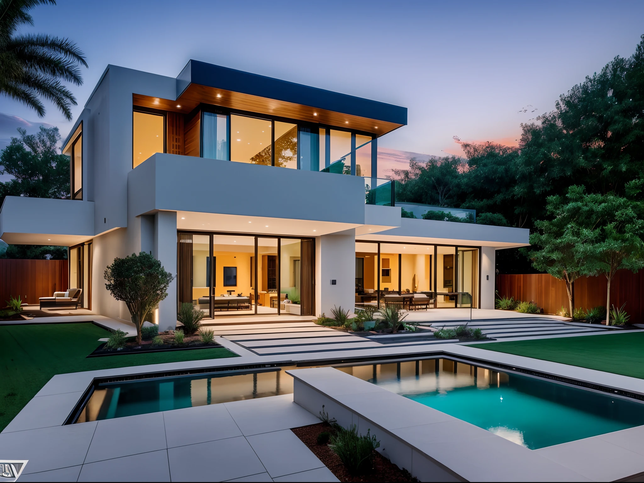 (best quality,4k,8k,highres,masterpiece:1.2),ultra-detailed,(realistic,photorealistic,photo-realistic:1.37),Modern house,spacious and luxurious,private outdoor pool,expansive floor-to-ceiling windows,clean and minimalist design,Eames Lounge Chair and Ottoman,swimming pool surrounded by lush greenery,floating staircase with glass railing,open-concept living area with panoramic views,modern kitchen with state-of-the-art appliances,seamless integration of indoor and outdoor spaces,breathtaking sunset view over the horizon,contemporary art pieces displayed throughout the house,abundance of natural light,high-tech home automation system,scenic rooftop terrace with a stylish lounge area,private home theater with plush seating,zen garden with a peaceful water feature,meticulously landscaped backyard with a cozy fire pit,smart design elements for optimal energy efficiency,vibrant color accents adding a pop of personality.