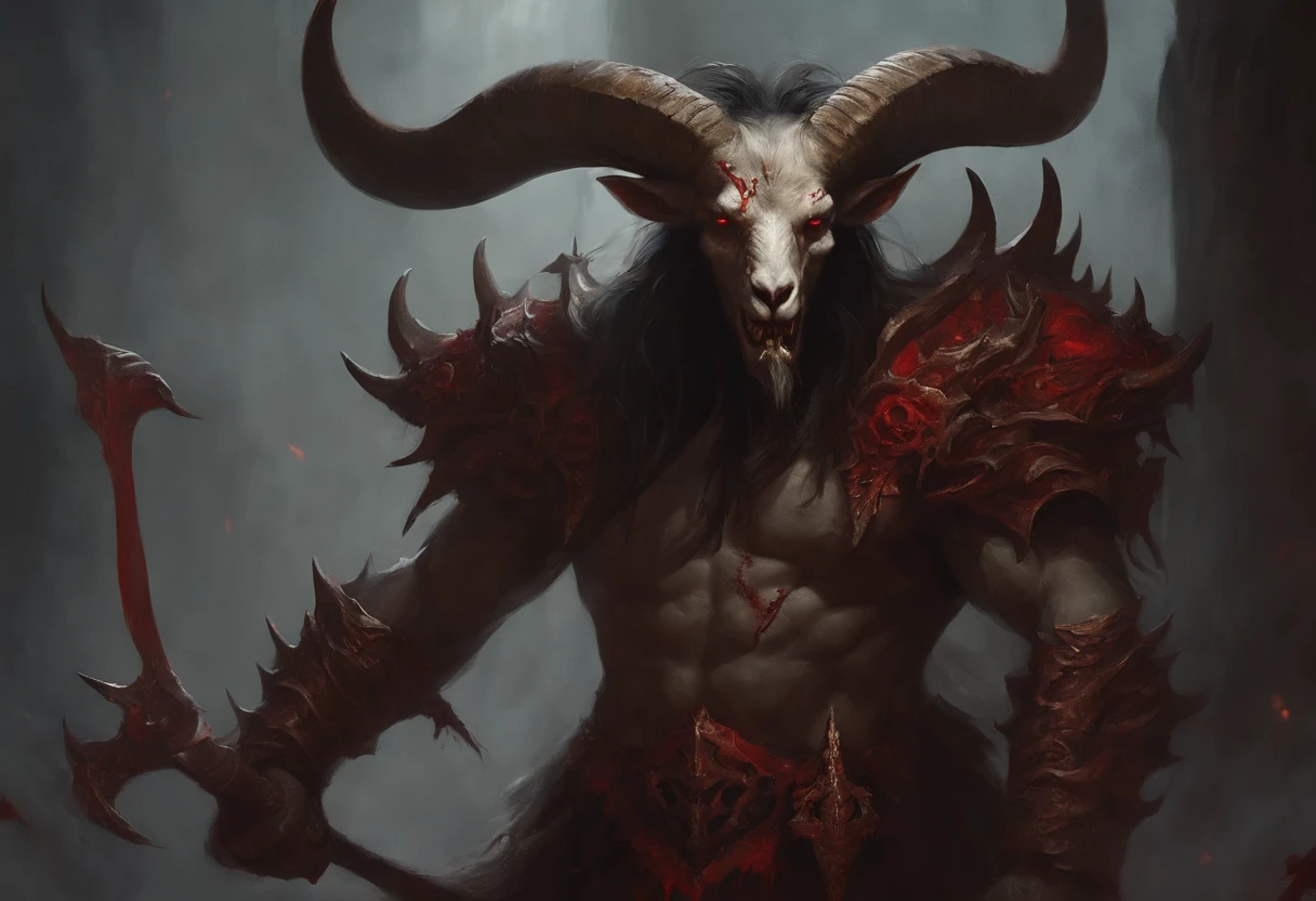 Male tiefling, tall muscular with beard, black hair, black eyes, scar over right eye, horns and tail, ash gray skin