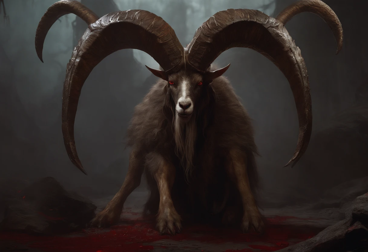 a goat-headed demon with large horns, strong and strong upper body, demon skins, skins, ((claws, wings)), demonic armor, blood splatters, skulls on the ground, standing in a blood ritual, medieval, dark room, dim light, masterpiece, realistic, oil painting