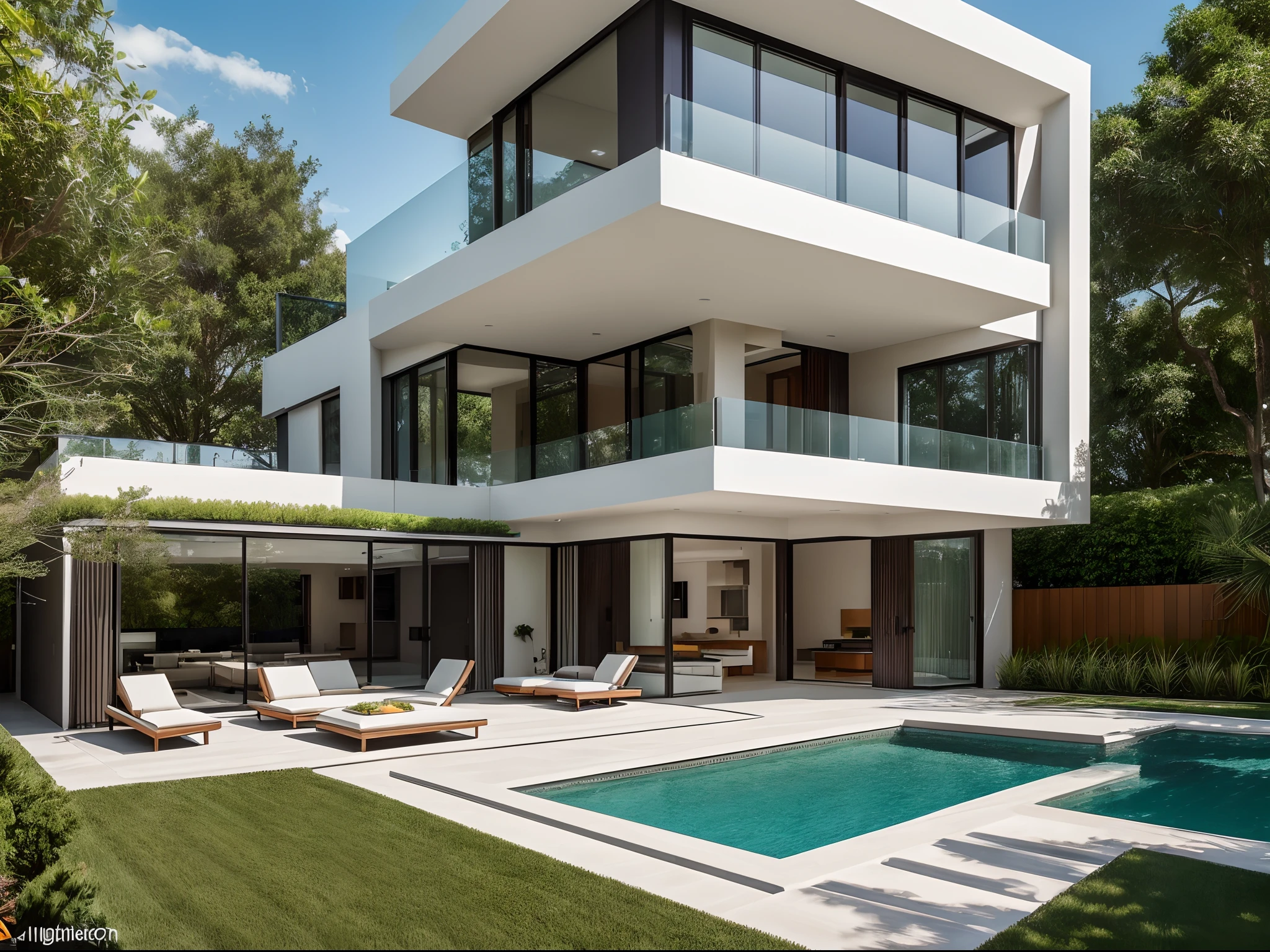 (best quality,4k,8k,highres,masterpiece:1.2),ultra-detailed,(realistic,photorealistic,photo-realistic:1.37),Modern house,spacious and luxurious,private outdoor pool,expansive floor-to-ceiling windows,clean and minimalist design,Eames Lounge Chair and Ottoman,swimming pool surrounded by lush greenery,floating staircase with glass railing,open-concept living area with panoramic views,modern kitchen with state-of-the-art appliances,seamless integration of indoor and outdoor spaces,breathtaking sunset view over the horizon,contemporary art pieces displayed throughout the house,abundance of natural light,high-tech home automation system,scenic rooftop terrace with a stylish lounge area,private home theater with plush seating,zen garden with a peaceful water feature,meticulously landscaped backyard with a cozy fire pit,smart design elements for optimal energy efficiency,vibrant color accents adding a pop of personality.