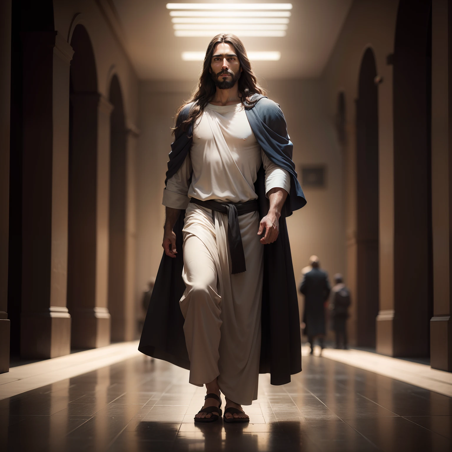 portrait of modern day Jesus, full body, cinematic lighting, depth of field, bokeh, realism, photorealistic, hyperrealism, professional photography, uhd, dslr, hdr