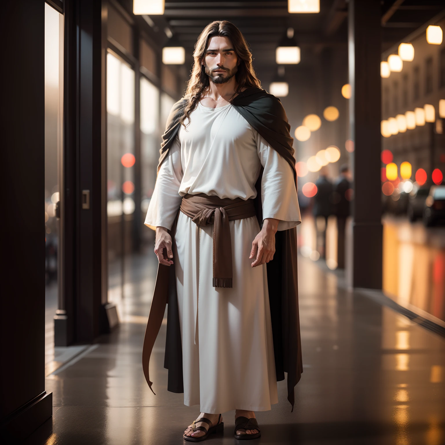 portrait of modern day Jesus, full body, cinematic lighting, depth of field, bokeh, realism, photorealistic, hyperrealism, professional photography, uhd, dslr, hdr