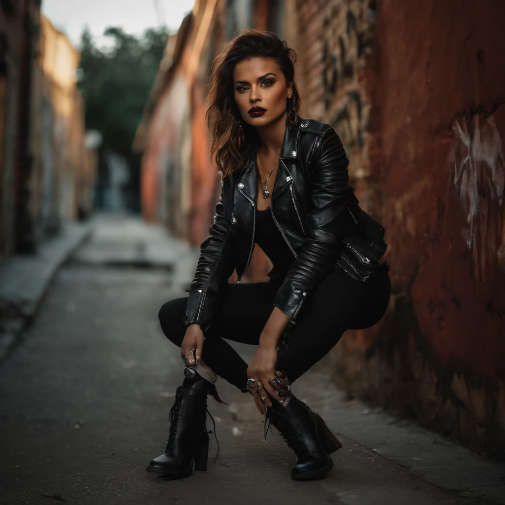 Full body portrait of a fierce and confident woman, dressed in a black leather jacket and ripped jeans, holding a vintage film camera, capturing the essence of rebellion and youth culture. The photograph should showcase a gritty urban setting with graffiti-covered walls, emphasizing the raw energy and edginess of street photography. Lighting should be dramatic, with strong shadows and vibrant neon colors contrasting against the darkness. Capture the moment in hyper-realism, with highly detailed and high-resolution 16k quality, using a Fujifilm X-T3 mirrorless camera with a 35mm f/1.4 lens.