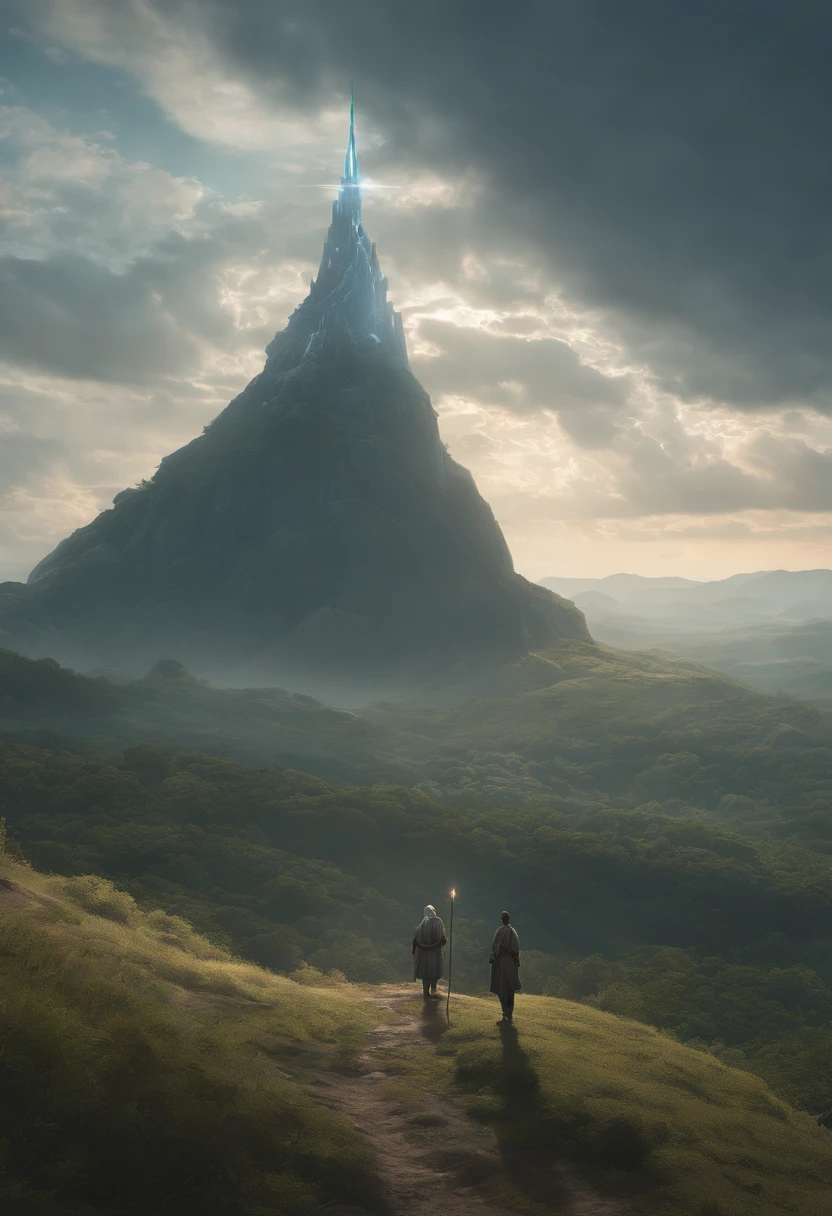 A highly detailed matte painting of a white wizard with staff on a hill observing a giant alien monster, por Makoto Shinkai, por Artgerm, por WLOP, por Greg Rutkowski, volumeric lighting, octane rendering, 4K分辨率, trending in artstation, Masterpiece