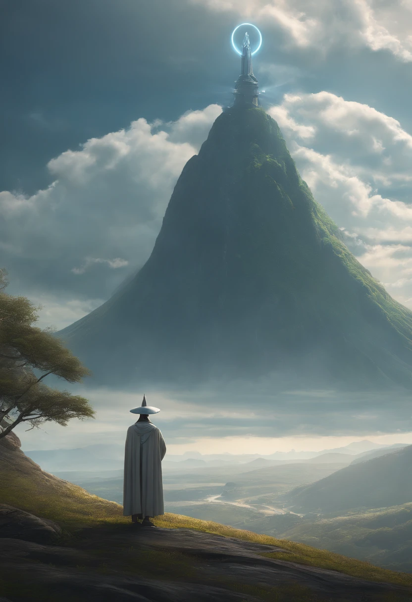 A highly detailed matte painting of a white wizard with staff on a hill observing a giant alien monster, por Makoto Shinkai, por Artgerm, por WLOP, por Greg Rutkowski, volumeric lighting, octane rendering, 4K分辨率, trending in artstation, Masterpiece