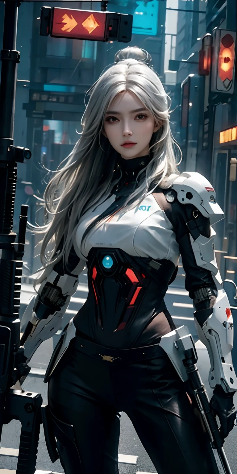 photorealistic, high resolution, soft light,1women, solo, hips up, (detailed face), white long hair, cybersamurai, cyborg, cyberpunk,  cyber armor, holding weapon,glowing,gun, sniper, on the street