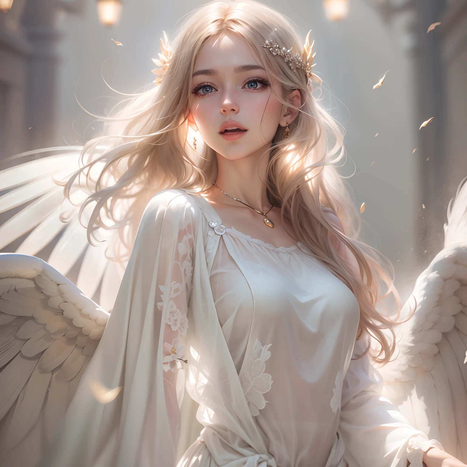 masterpiece, top quality, 8K, real person, realistic, very dense CG, shiny skin, fully focused, heaven, divine glory, radiant, angel, blessing, happiness,