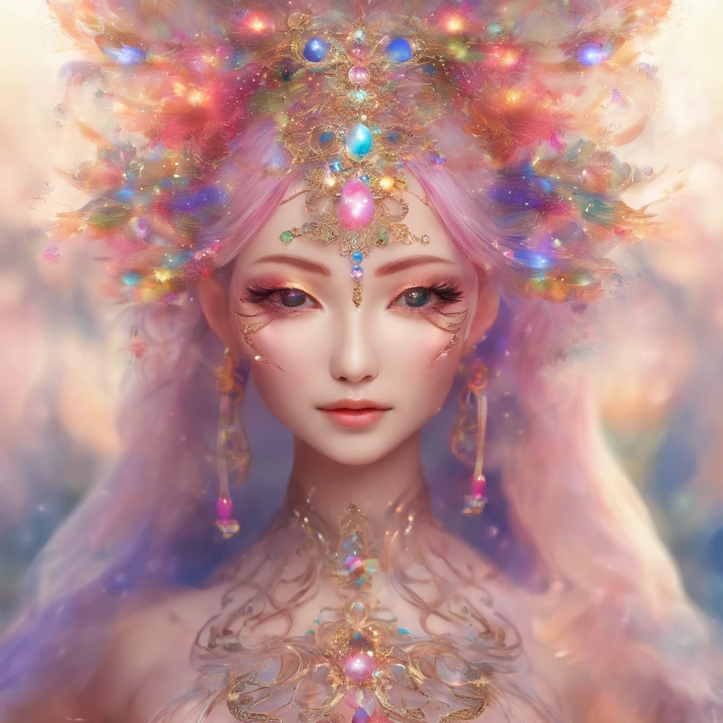 Goddess of Dreams,Multi-colored hair,Chinese Face,delicated face,skinny face,Bokeh background,dream magical,on focus,tmasterpiece