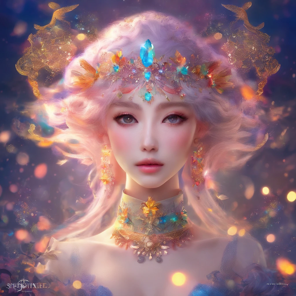 Goddess of Dreams,Multi-colored hair,Chinese Face,delicated face,skinny face,Bokeh background,dream magical,on focus,tmasterpiece